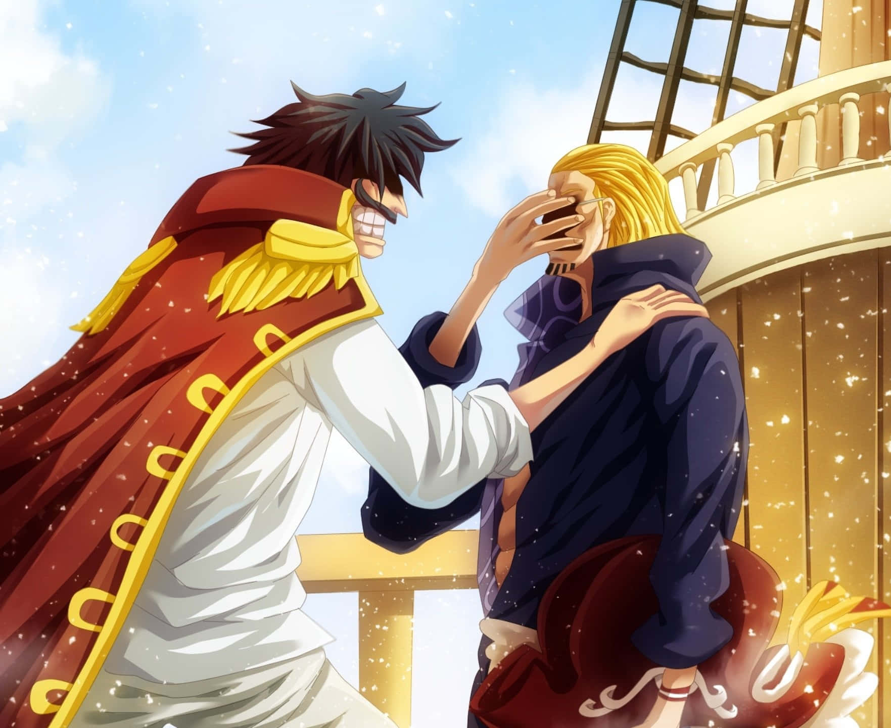 King Of The Pirates 桌布 壁紙 — 兩個動漫角色在明亮的天空下，在船甲板上擁抱，伴隨著金色光芒和漂浮的粒子。