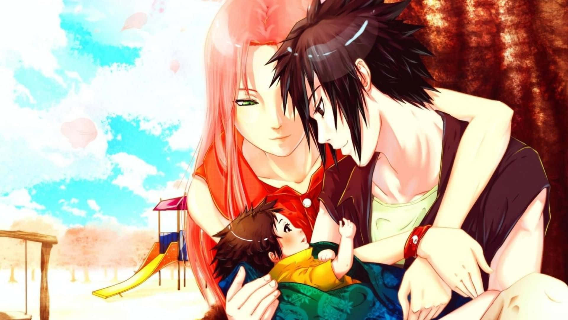 Sasuke Sakura 桌布 壁紙 — 兩個動漫角色在明亮的天空下，背景有遊樂場，溫柔地擁抱著一個孩子。