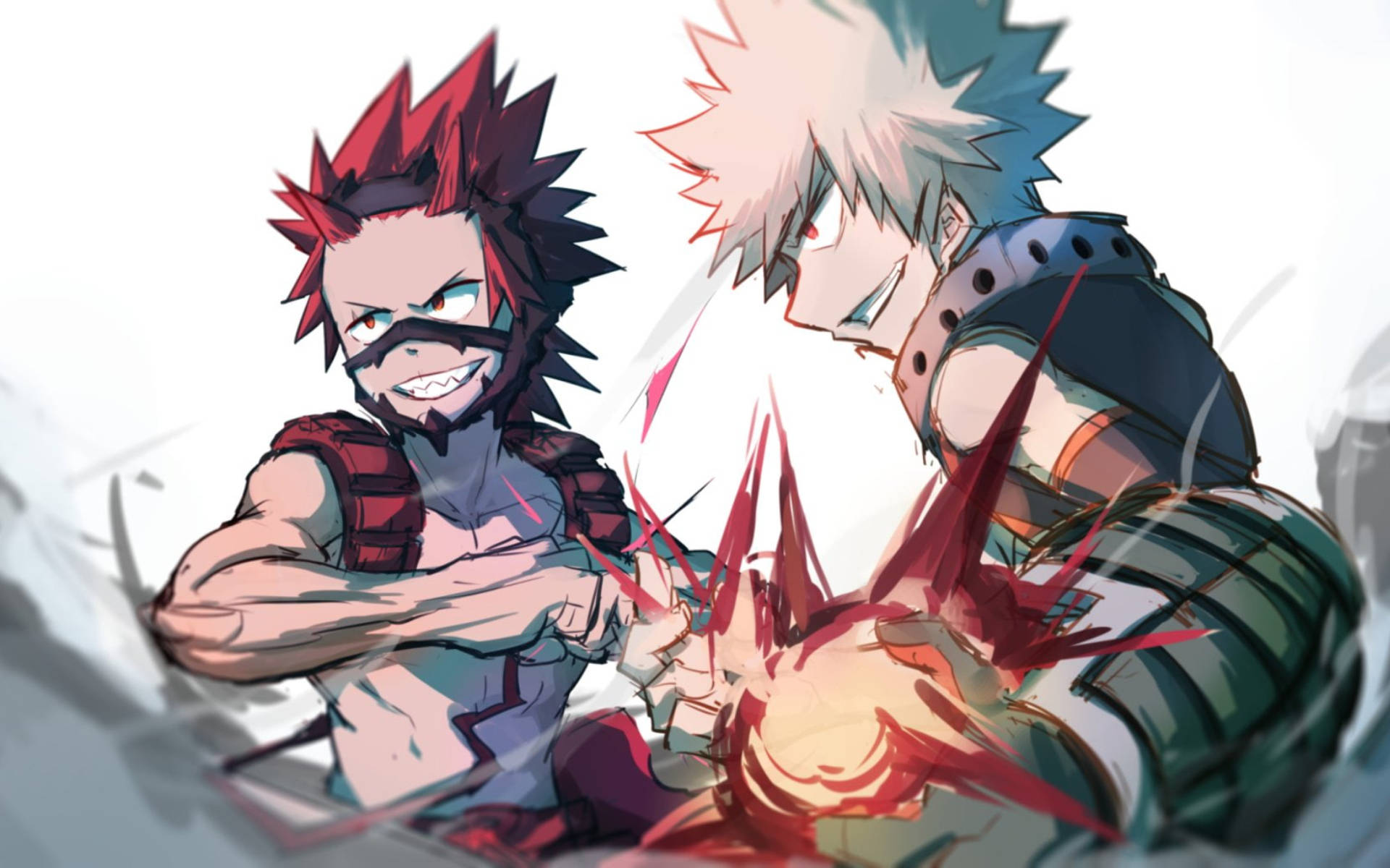 Kirishima 桌布 壁紙 — 兩個動漫角色在明亮的白色背景上，以紅色能量爆發和強烈表情進行動態戰鬥。