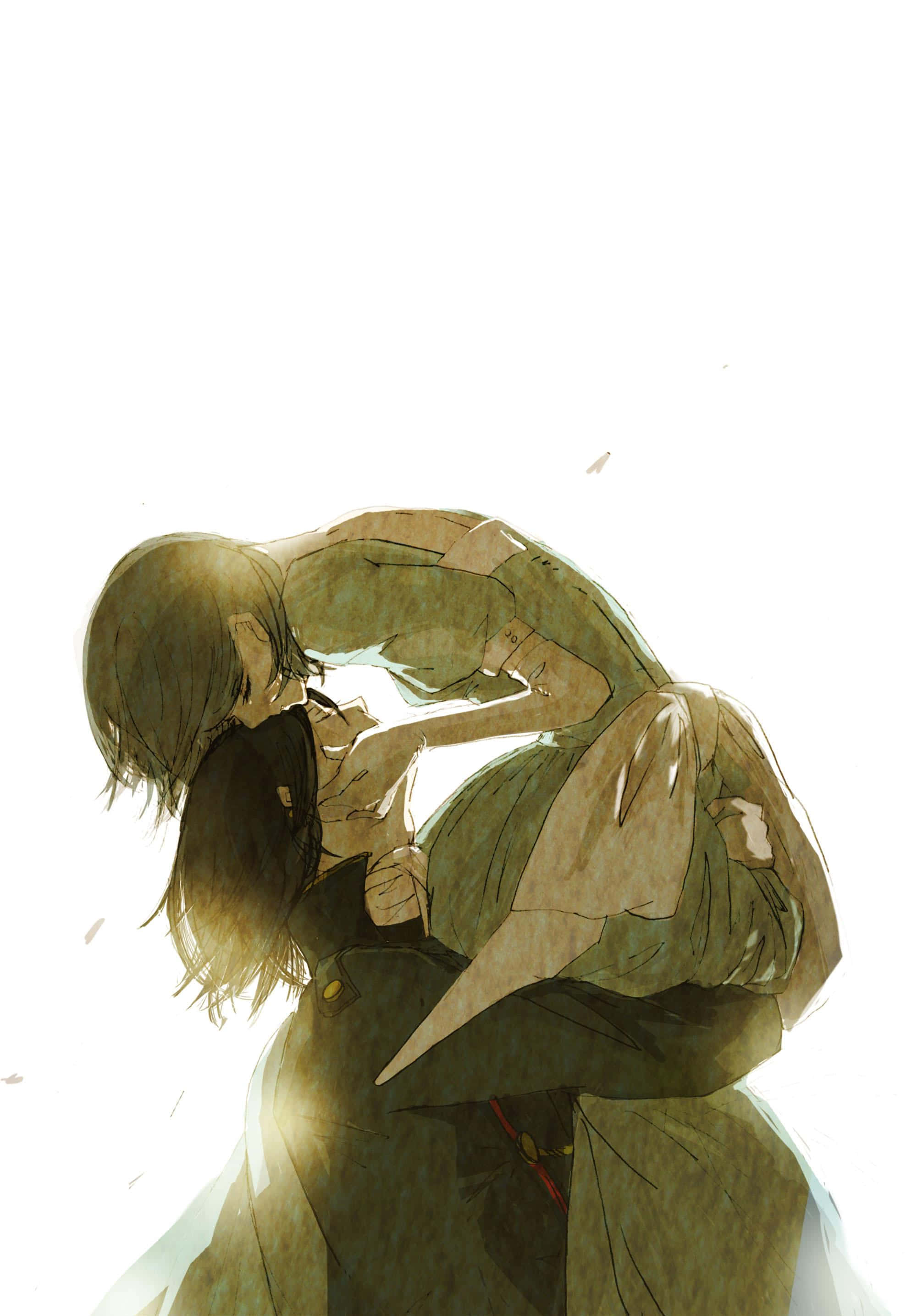 Forehead Kiss 桌布 壁紙 — 兩個動漫角色在明亮的白色背景上，伴隨著柔和的光線和飄落的花瓣，熱情地擁抱。