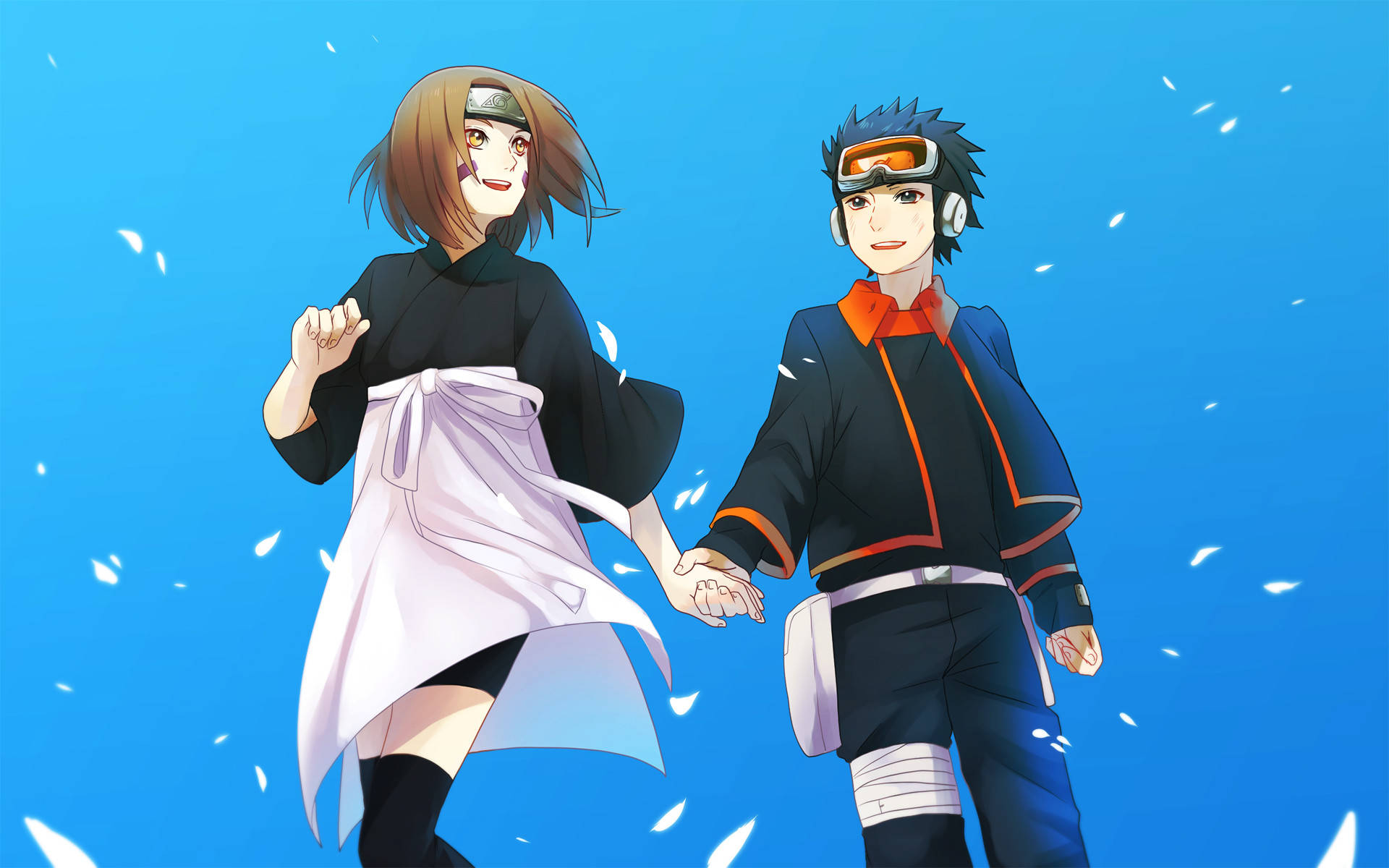 Obito Uchiha 桌布 壁紙 — 兩個動漫角色在明亮的藍天下牽手，白色花瓣飄落。