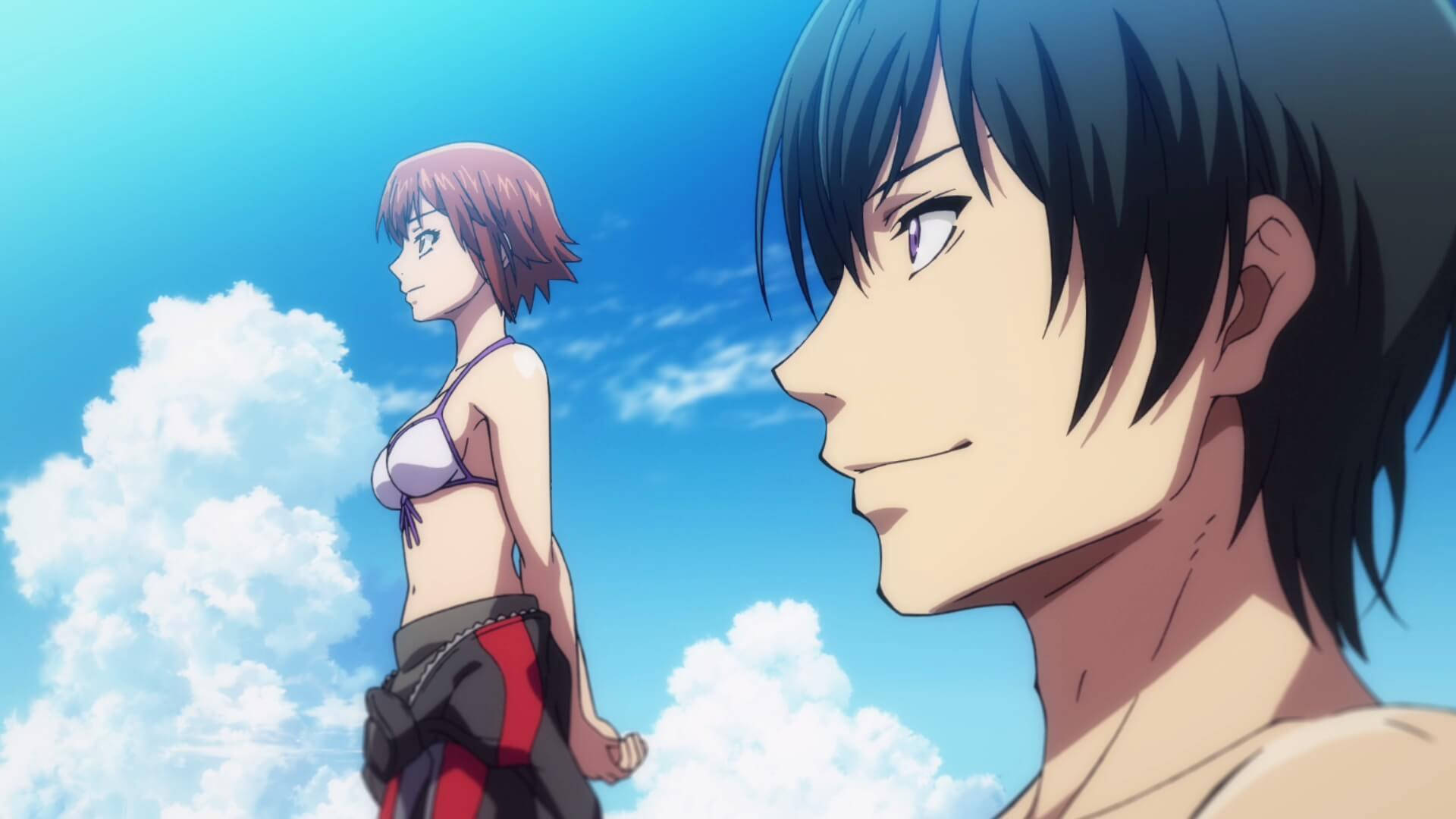 Grand Blue 桌布 壁紙 — 兩個動漫角色在明亮的藍天和 fluffy 白雲背景下互相凝視。