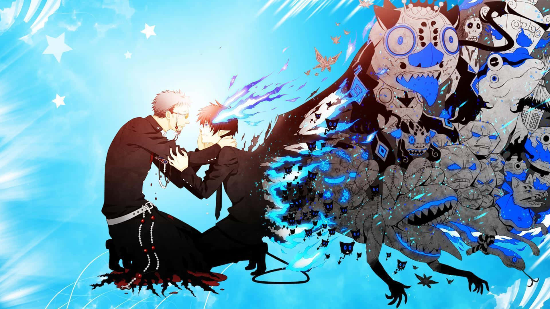 Blue Exorcist 桌布 壁紙 — 兩個動漫角色在明亮的藍色星空下與一個藍灰色的怪物靈魂碰撞。