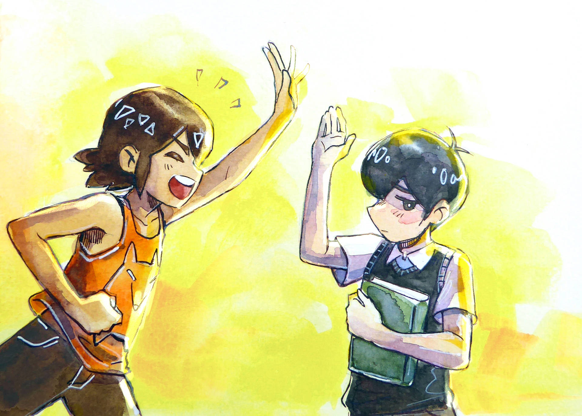 兩個動漫學生帶著喜悅的表情擊掌。 — Omori GIF 壁紙