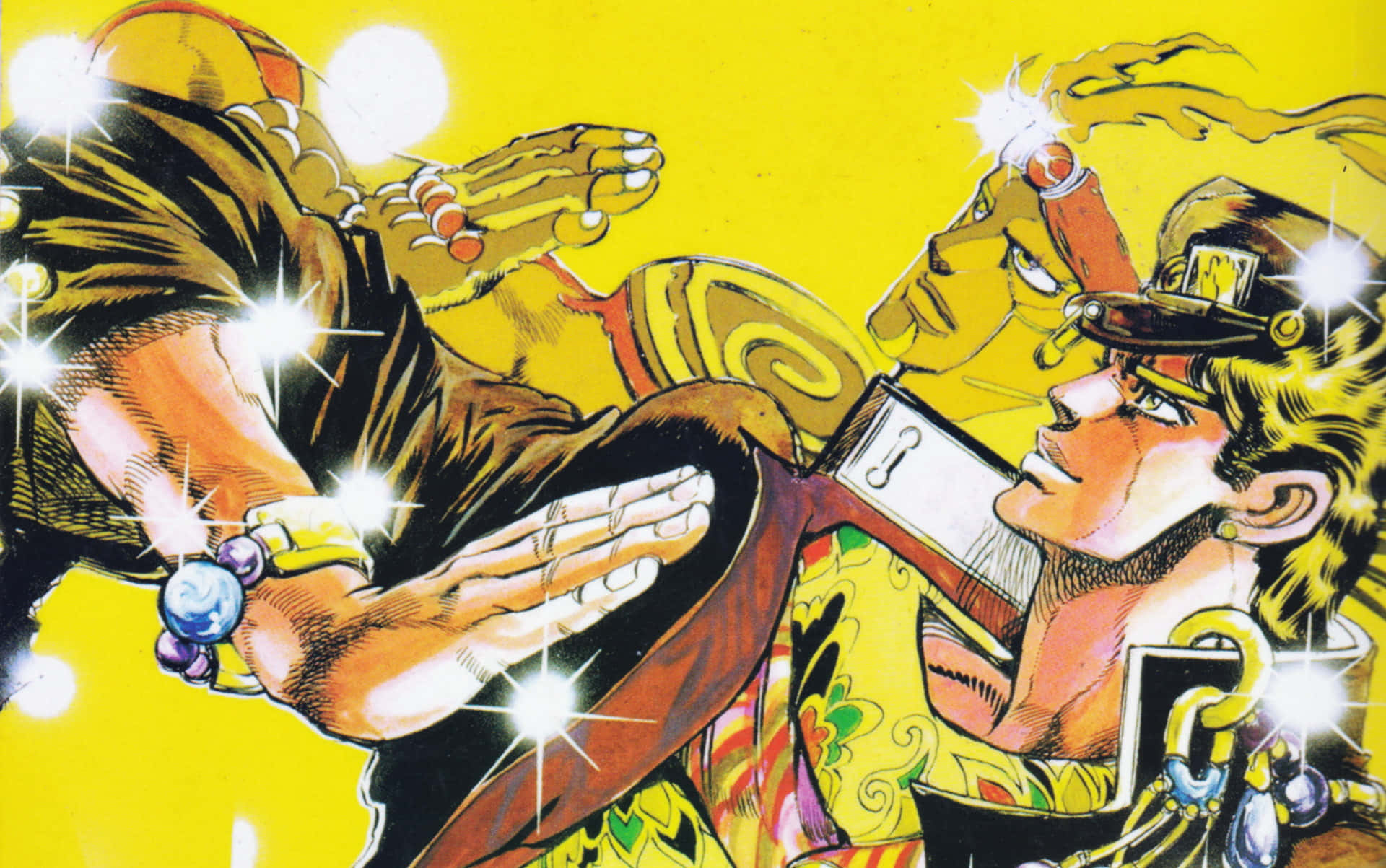 Jotaro Kujo 桌布 壁紙 — 兩個動漫角色在明亮的黃色背景上，伴隨著閃爍效果，展開一場動態的戰鬥場景。