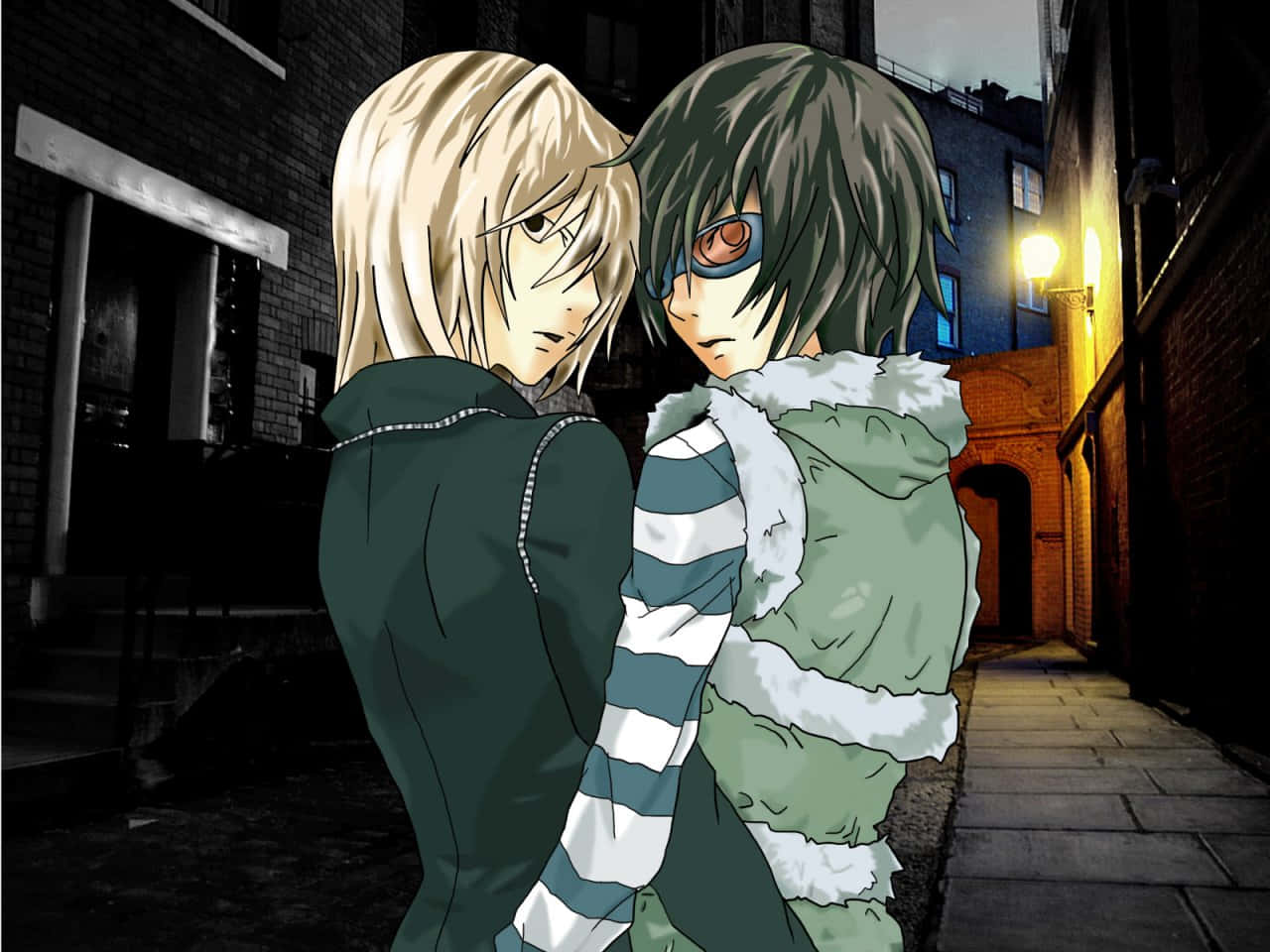 Death Note Matt 桌布 壁紙 — 兩個動漫角色在昏暗的城市小巷中，在溫暖的路燈下靠近站立。