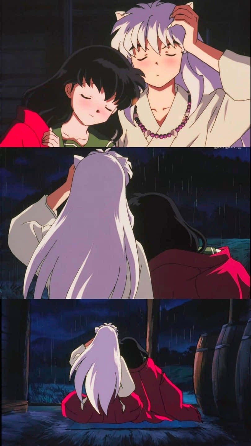 Inuyasha And Rin 桌布 壁紙 — 兩個動漫角色在昏暗的木結構中於雨中分享親密時刻，傳達溫柔的情感。