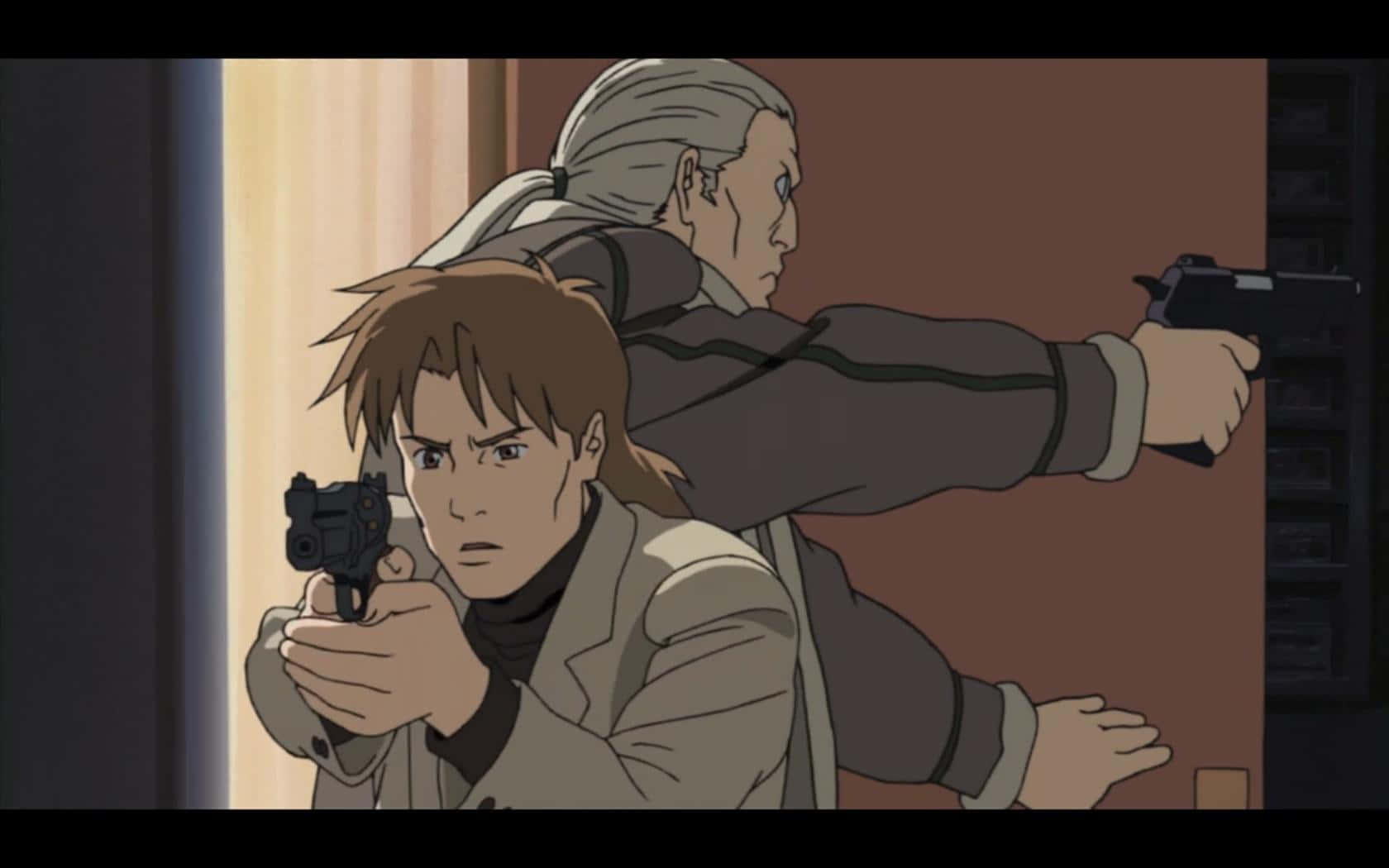 Ghost In The Shell Togusa 桌布 壁紙 — 兩個動漫角色在昏暗的門口緊張對峙，互相用手槍瞄準。