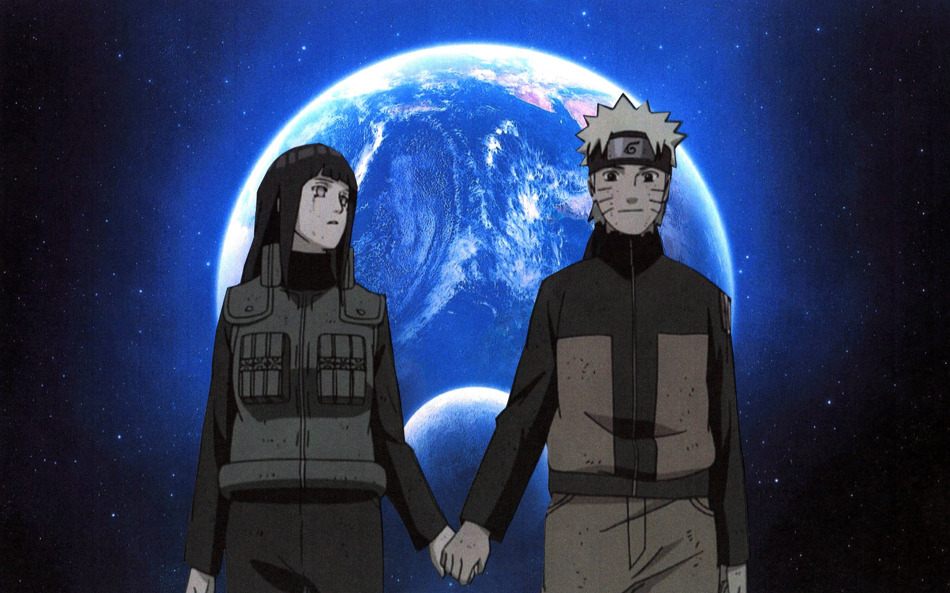 Anime iPad 桌布 壁紙 — 兩個動漫角色在星光宇宙背景下，在發光的藍色地球前牽手。