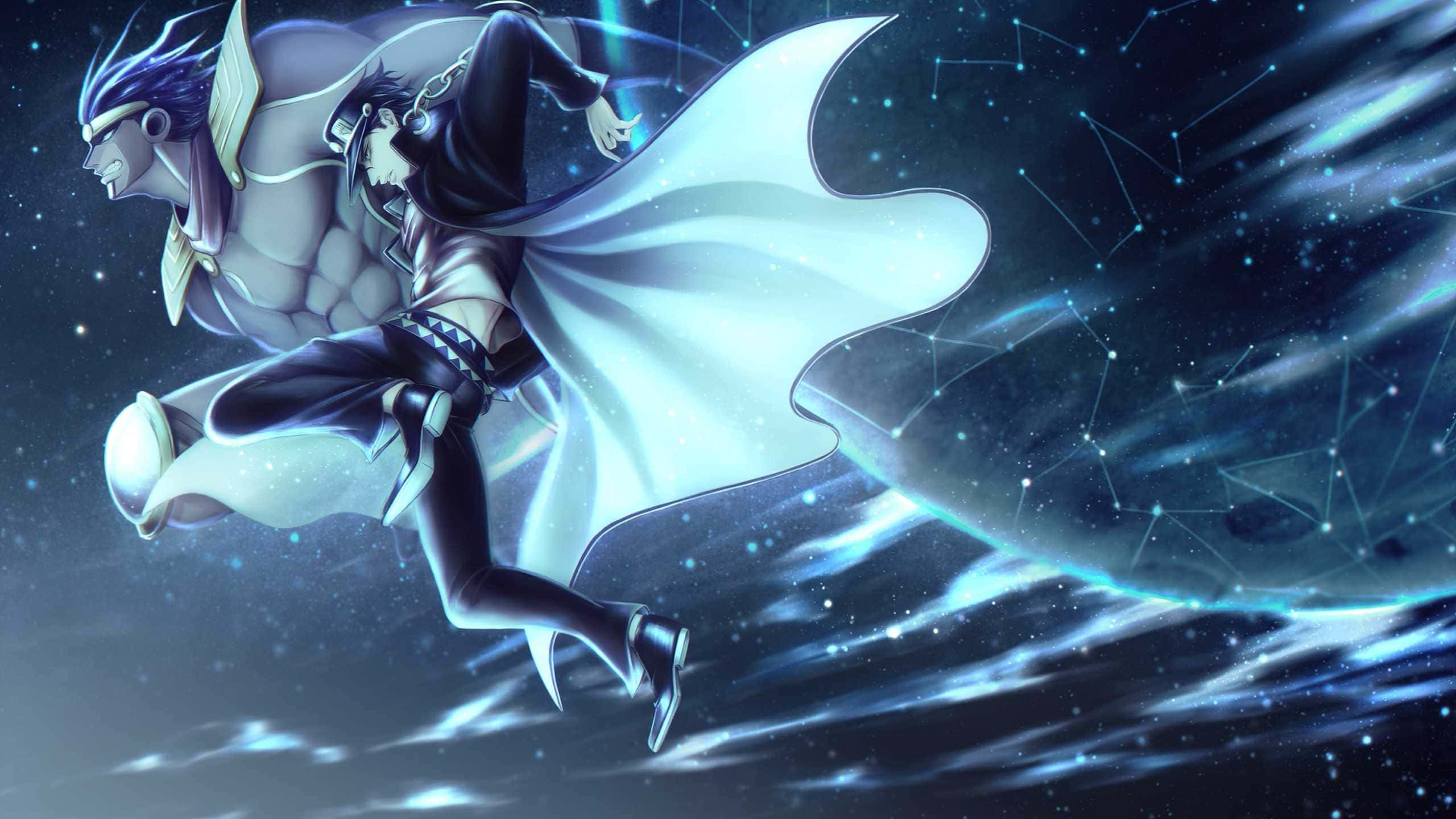 Jjba 桌布 壁紙 — 兩個動漫角色在星光宇宙虛空中翱翔，身後有發光的藍色能量軌跡和星座。