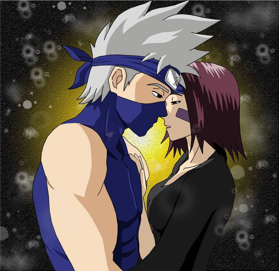 卡卡西 桌布 壁紙 — 兩個動漫角色在星光燦爛的宇宙背景下親密擁抱，散發著黃色光芒。
