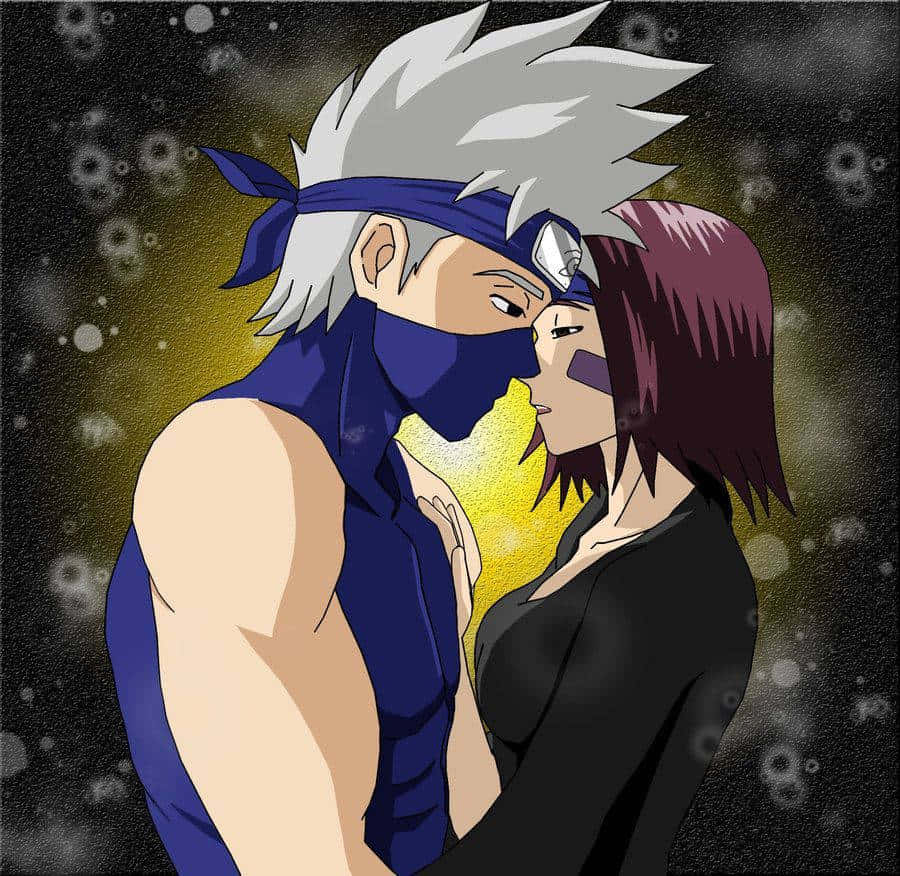 Kakashi And Rin 桌布 壁紙 — 兩個動漫角色在星光燦爛的宇宙背景下溫柔擁抱，伴隨著發光的黃色光芒。