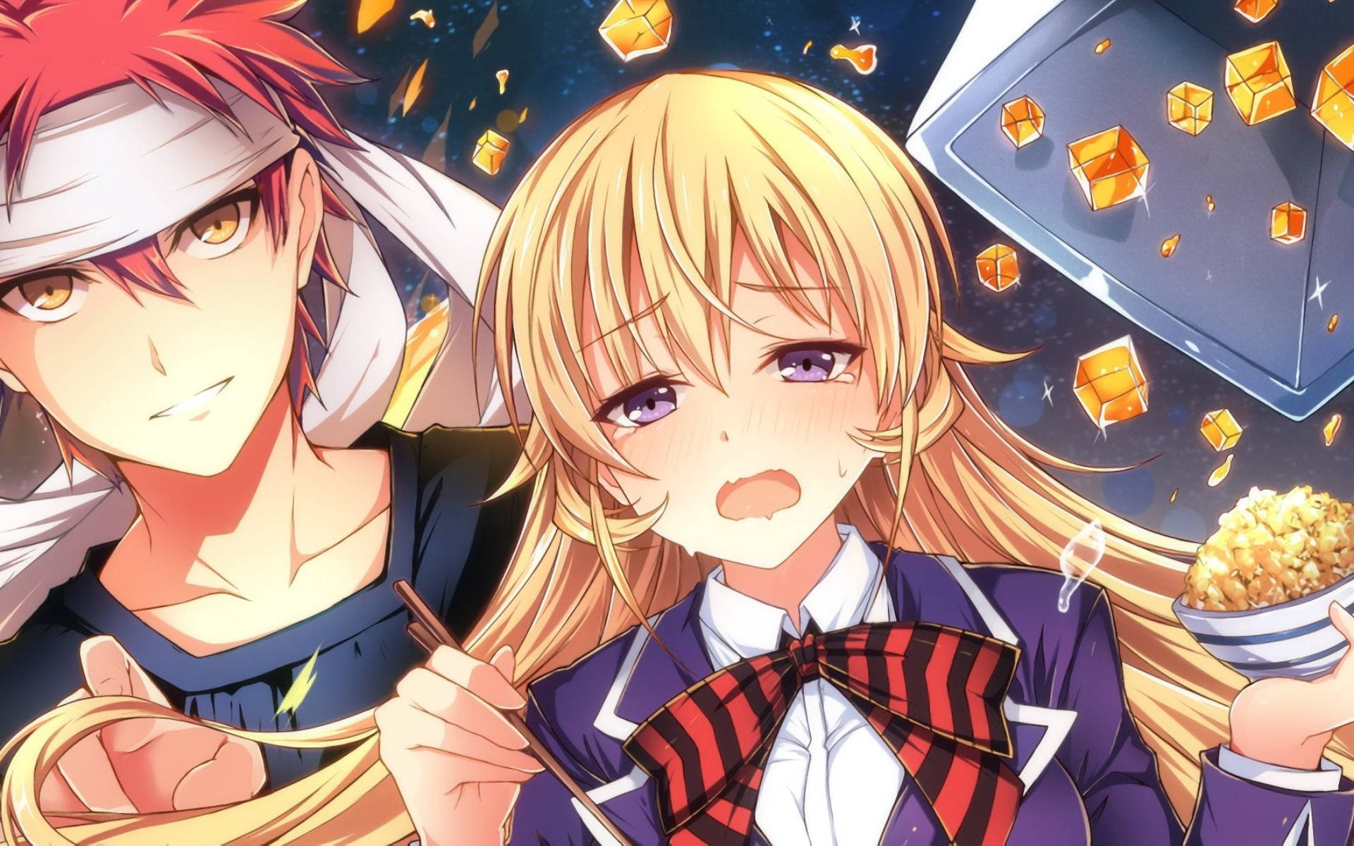 food wars shokugeki no soma 桌布 壁紙 — 兩個動漫角色在星空下享受爆米花，周圍漂浮著金色立方體。