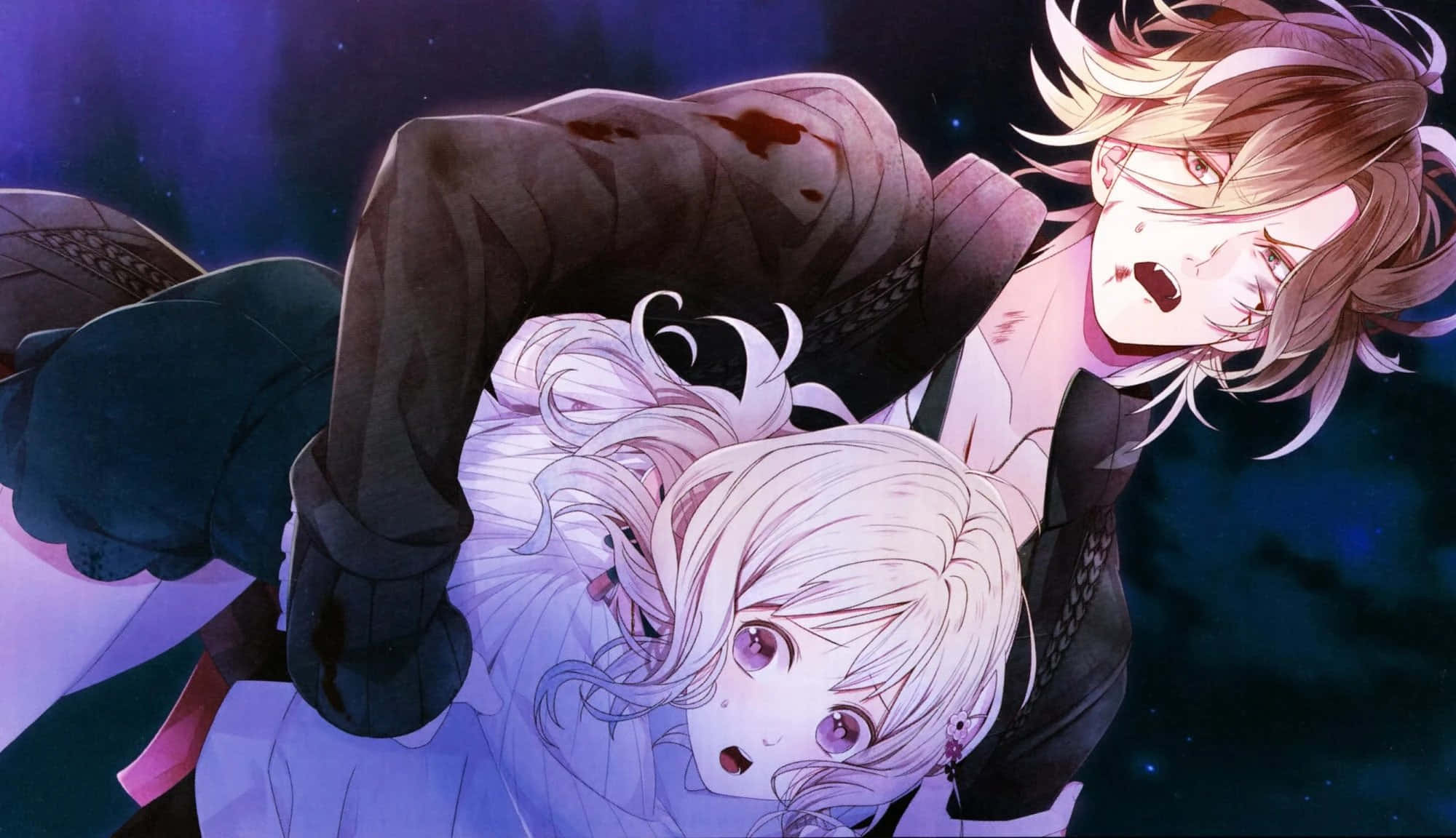 Diabolik Lovers 桌布 壁紙 — 兩個動漫角色在星空下戲劇性地擁抱，衣服上有血跡。
