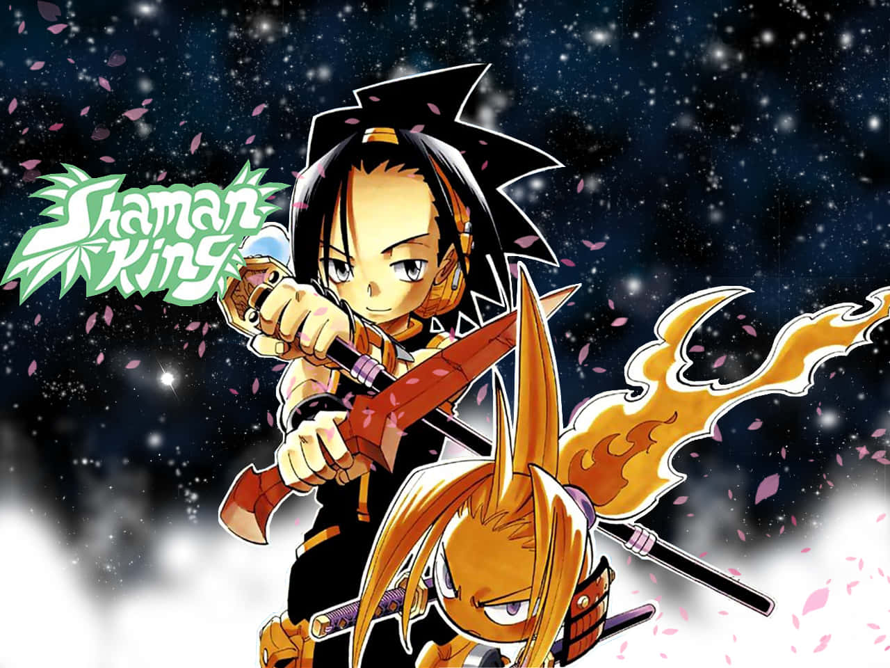 Shaman King 桌布 壁紙 — 兩個動漫角色在星空下揮劍，伴隨著飄落的櫻花和火焰能量效果。
