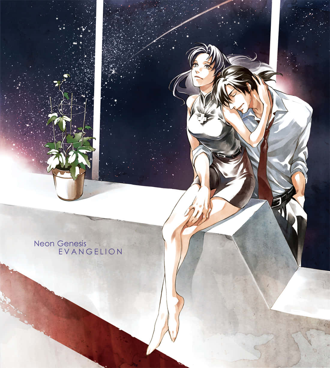 Ryoji Kaji 桌布 壁紙 — 兩個動漫角色在星空下的屋頂邊緣擁抱，附近有一盆盆栽。