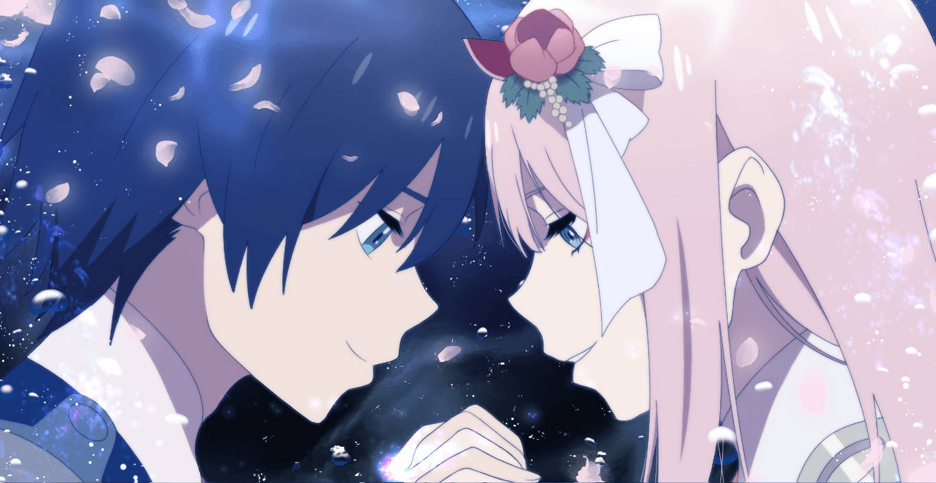 DARLING in the FRANXX 桌布 壁紙 — 兩個動漫角色在星空下飄落的櫻花中溫柔地凝視對方。