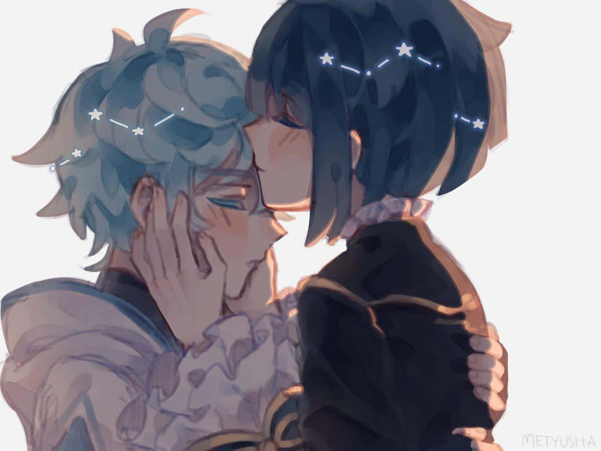 Forehead Kiss 桌布 壁紙 — 兩個動漫角色在星空星座的光芒下，以柔和粉彩燈光親吻。