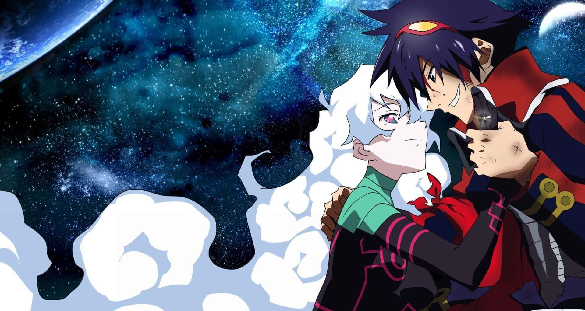 Gurren Lagann Simon 桌布 壁紙 — 兩個動漫角色在星空的宇宙背景下，於旋轉的雲層中擁抱，並可見一顆行星。