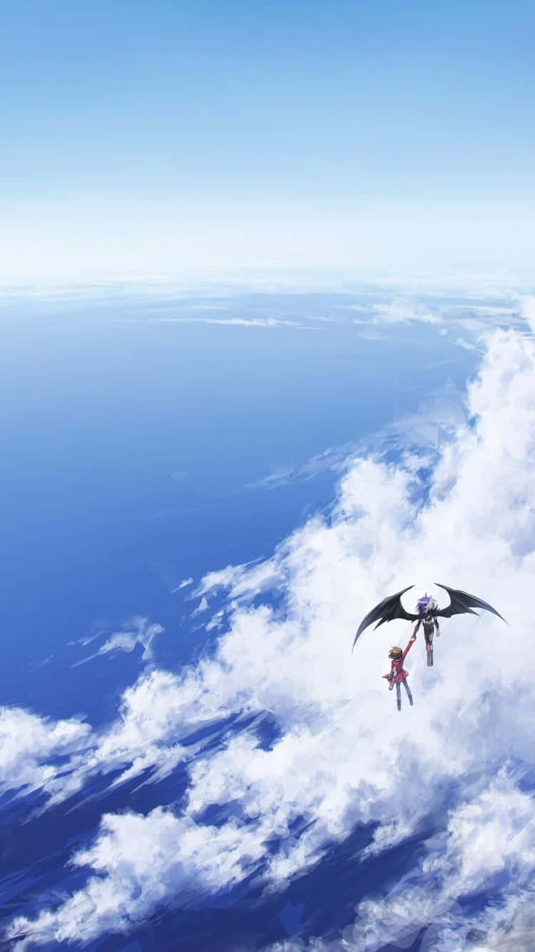 Jaden Yuki 桌布 壁紙 — 兩個動漫角色在晴朗的天空下，在廣闊的藍色海洋上空，翱翔於蓬鬆的雲層之上。