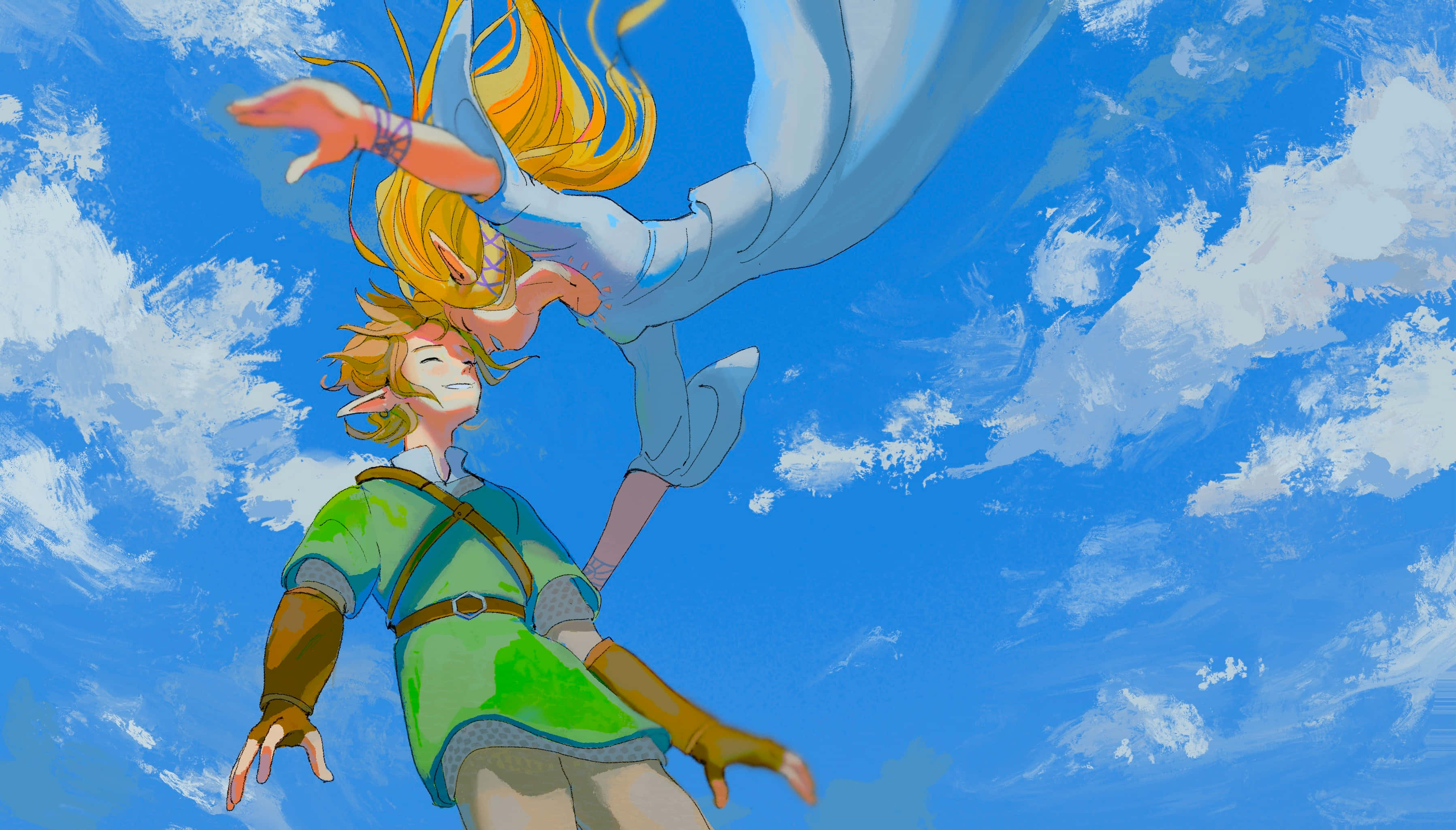 The Legend Of Zelda Skyward Sword 桌布 壁紙 — 兩個動漫角色在晴朗藍天中翱翔，天空中有蓬鬆的白雲，其中一個向另一個伸出手。