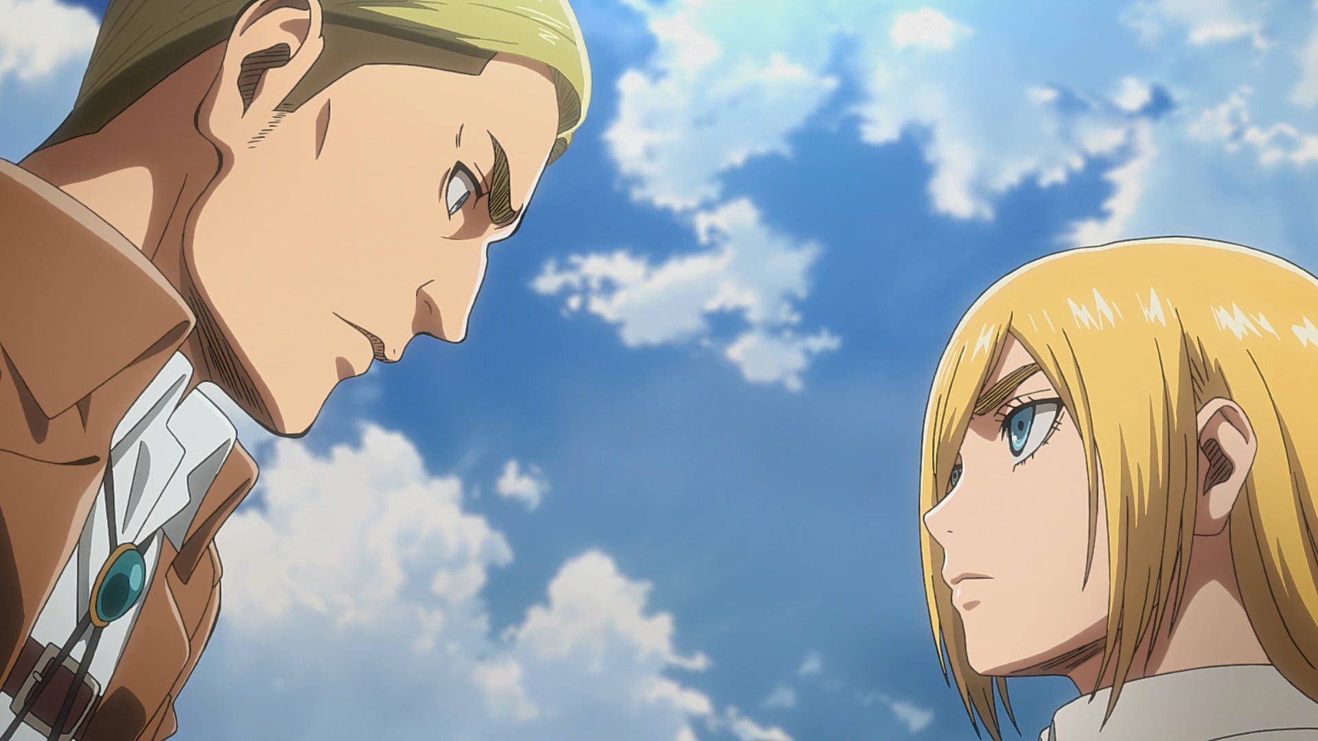 Erwin 桌布 壁紙 — 兩個動漫角色在晴朗藍天與 fluffy 白雲下互相凝視。