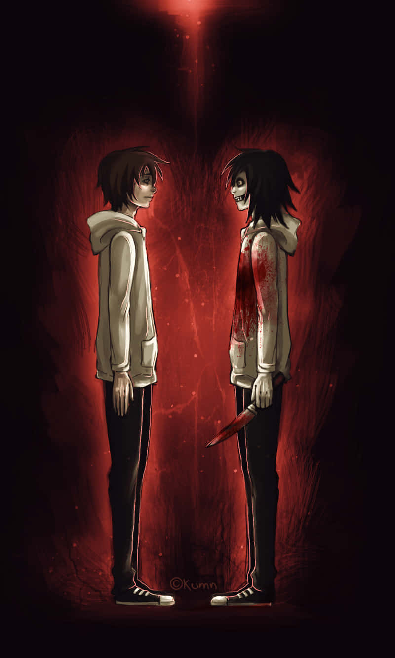Jeff The Killer 桌布 壁紙 — 兩個動漫角色在暗紅色燈光的場景中面對面，其中一個拿著血淋淋的刀，另一個則以平靜的表情看著。