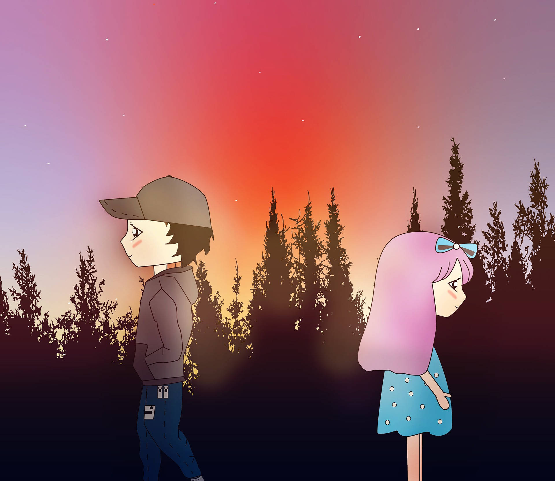 breakup 桌布 壁紙 — 兩個動漫角色在暮色中的森林裡分開站立，剪影映襯著充滿星星的鮮豔粉橙色天空。