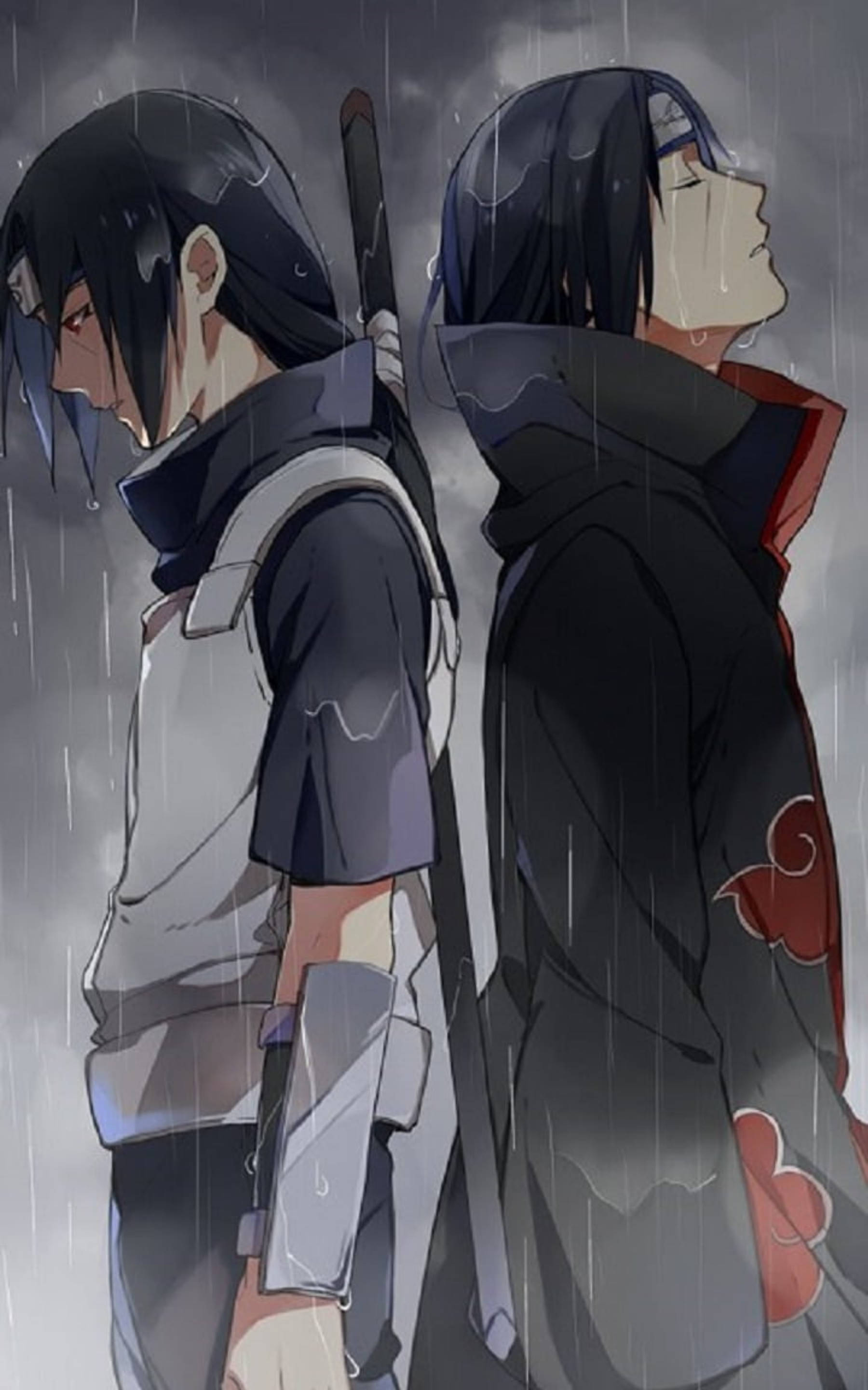 akatsuki phone 桌布 壁紙 — 兩個動漫角色在暴雨中背對背站立，背景是風暴般的灰色天空和雨絲。