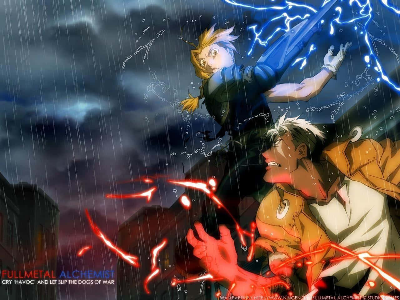 鋼之鍊金術師 BROTHERHOOD 桌布 壁紙 — 兩個動漫角色在暴風雨中碰撞，一個揮舞藍色閃電，另一個揮舞紅色能量，背景是黑暗的天空。