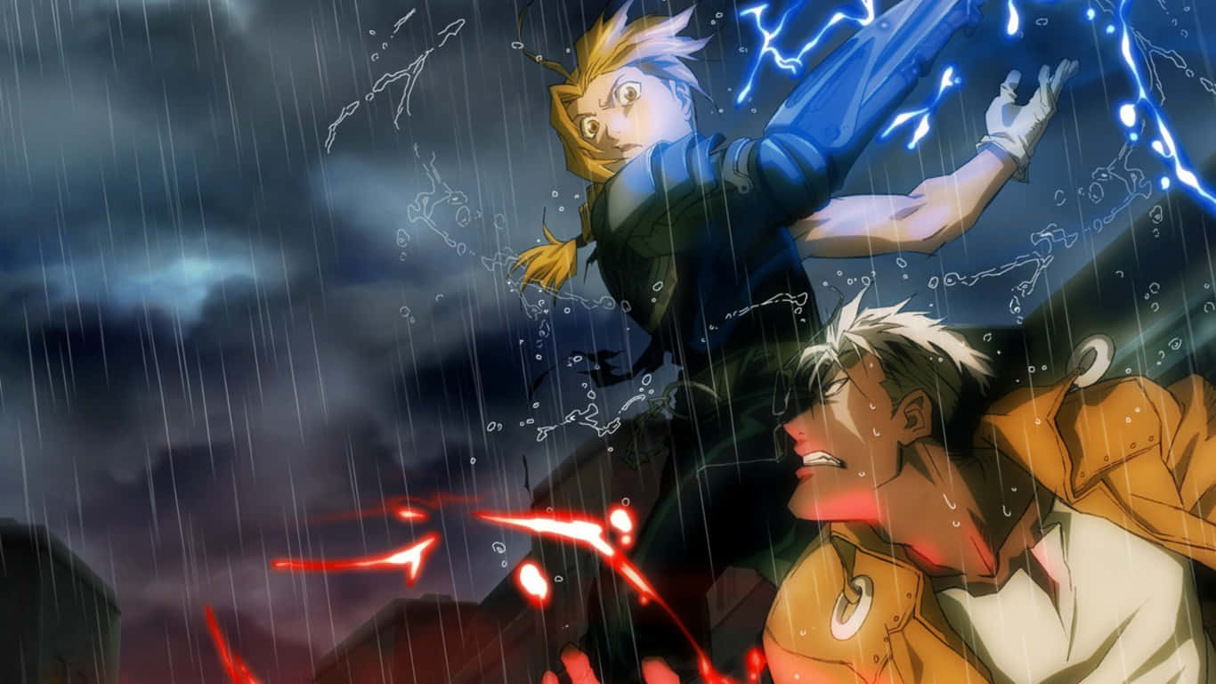鋼之鍊金術師 BROTHERHOOD 桌布 壁紙 — 兩個動漫角色在暴風雨中碰撞，伴隨著藍色閃電和紅色能量光束，大雨傾盆。
