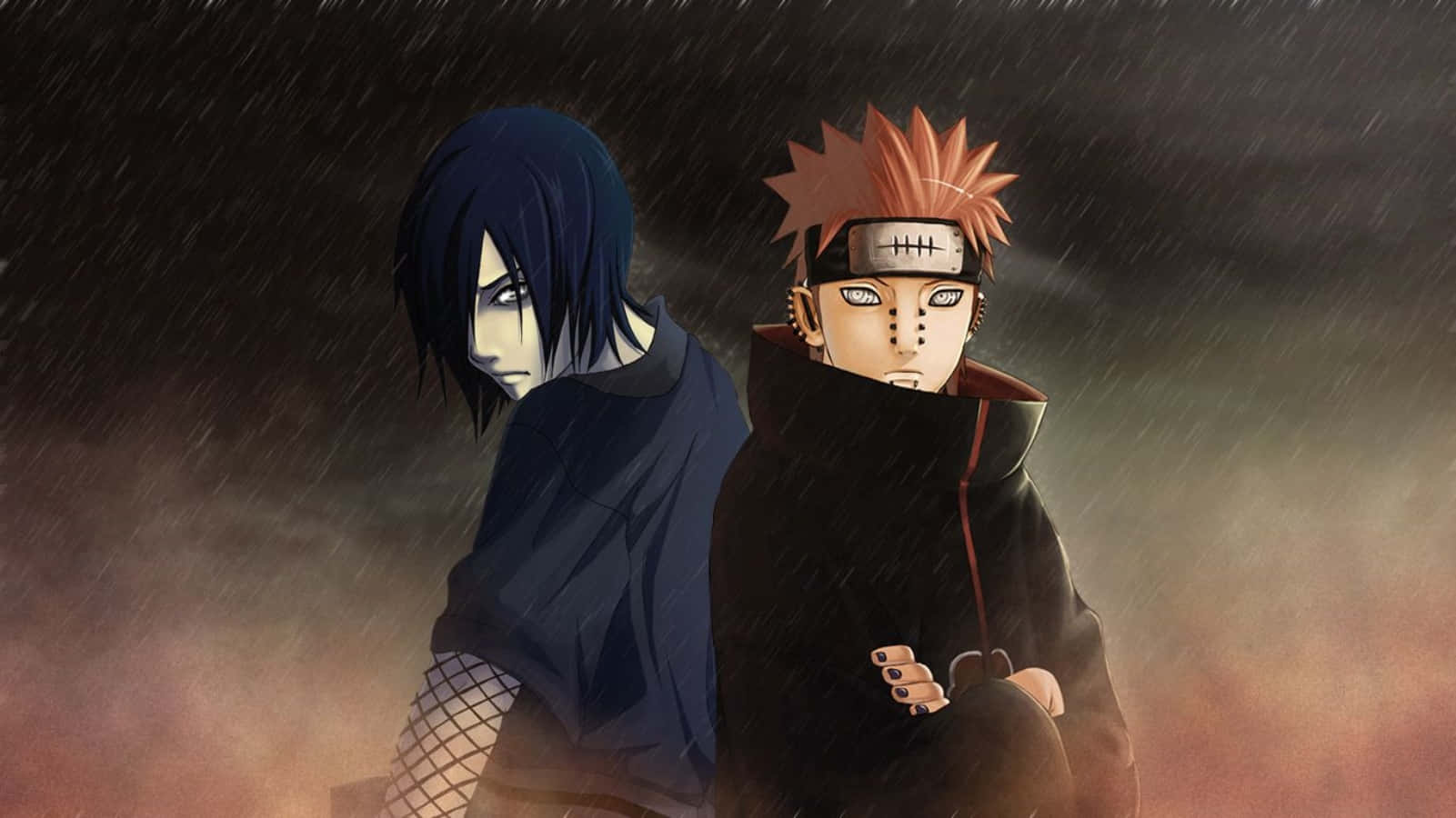 Pain Rinnegan 桌布 壁紙 — 兩個動漫角色在暴風雨中背靠背站立，背後是黑暗而熾熱的天空。