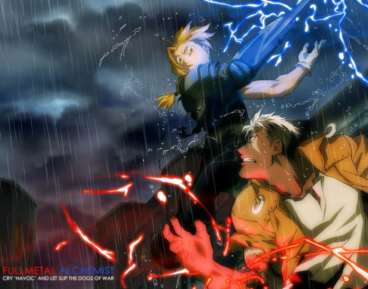 Fullmetal Alchemist Scar 桌布 壁紙 — 兩個動漫角色在暴風雨之夜碰撞，藍色閃電和紅色能量在他們周圍劈啪作響。