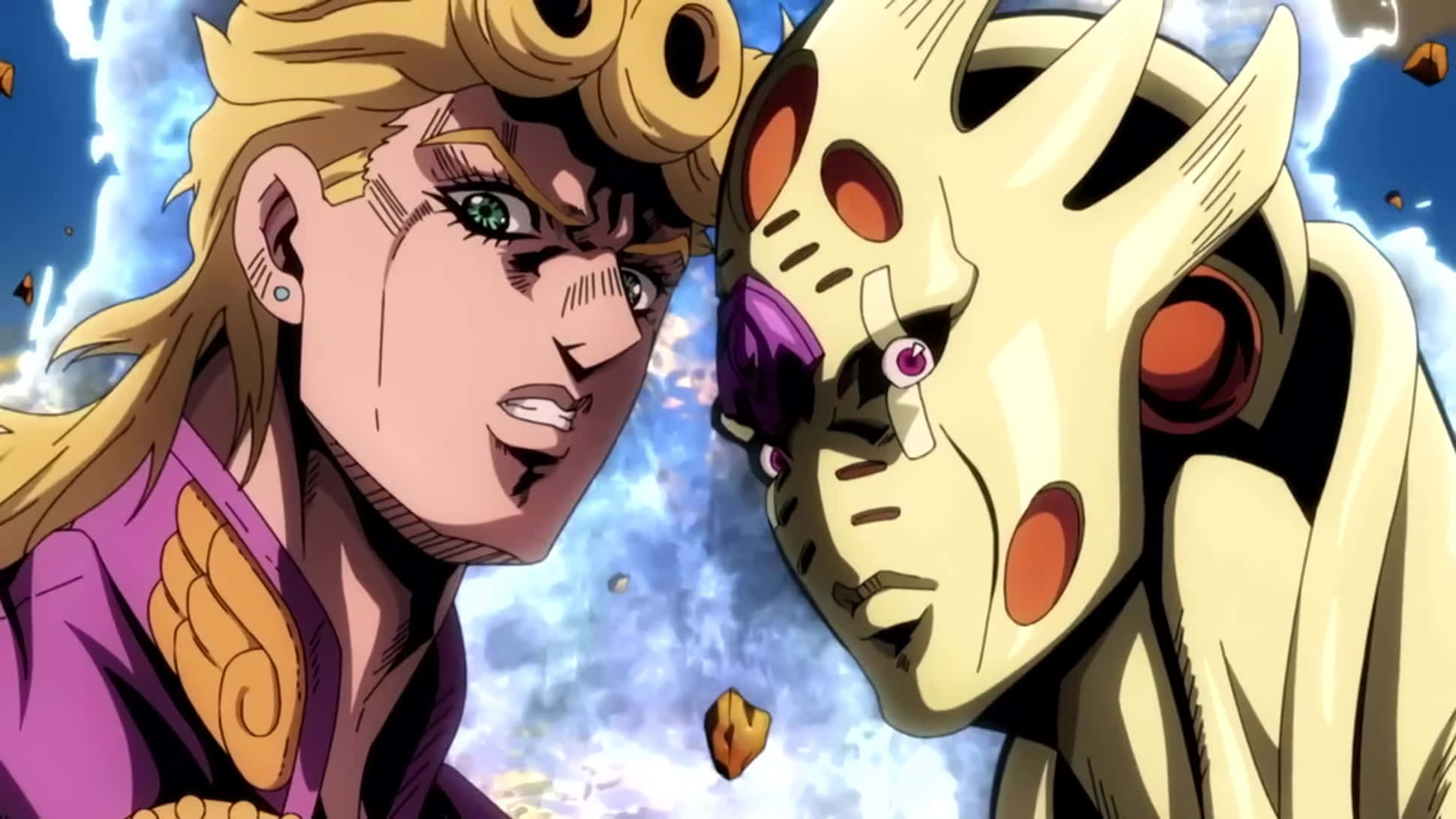 Vento Aureo 桌布 壁紙 — 兩個動漫角色在暴風雨的天空下，周圍碎片飛舞，激烈對峙。