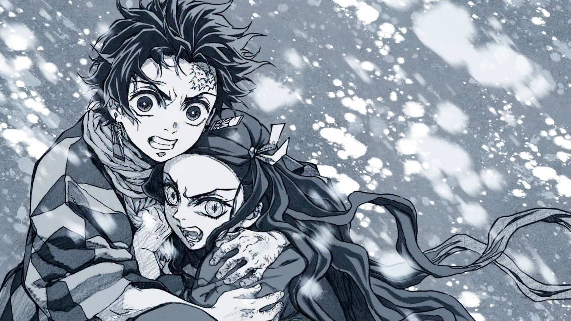 Demon Slayer Black And White 桌布 壁紙 — 兩個動漫角色在暴風雪中緊緊擁抱，表情強烈，帶有動態動作線條。