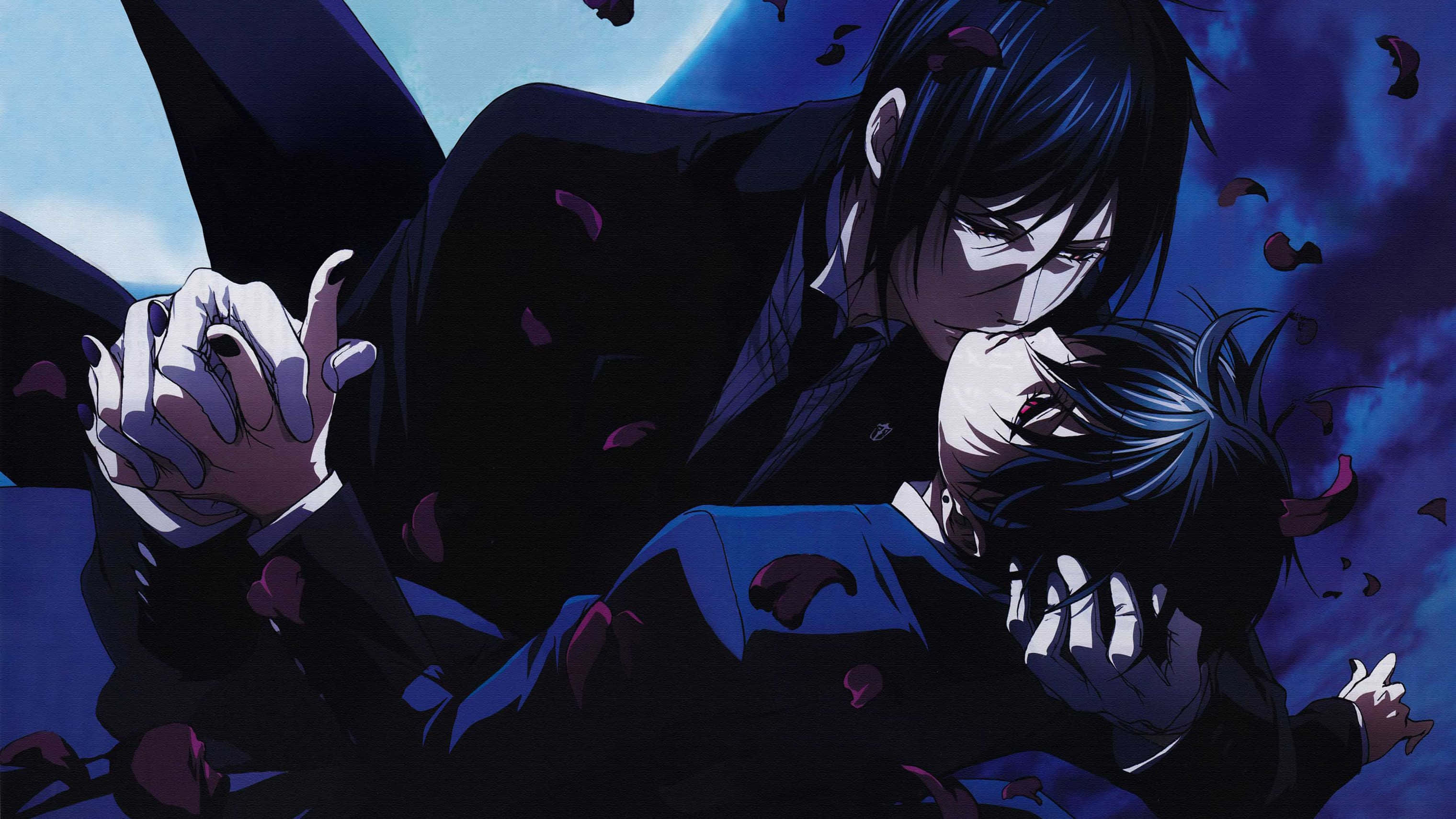 Black Butler 桌布 壁紙 — 兩個動漫角色在月光下熱情擁抱，深紅色的花瓣在他們周圍飄落。