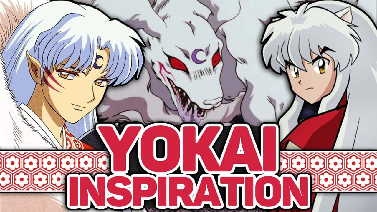 Inuyasha Yokai 桌布 壁紙 — 兩個動漫角色在有圖案的旗幟背景下，左右夾住一個紅色眼睛、尖牙利齒的威脅性白色妖怪。