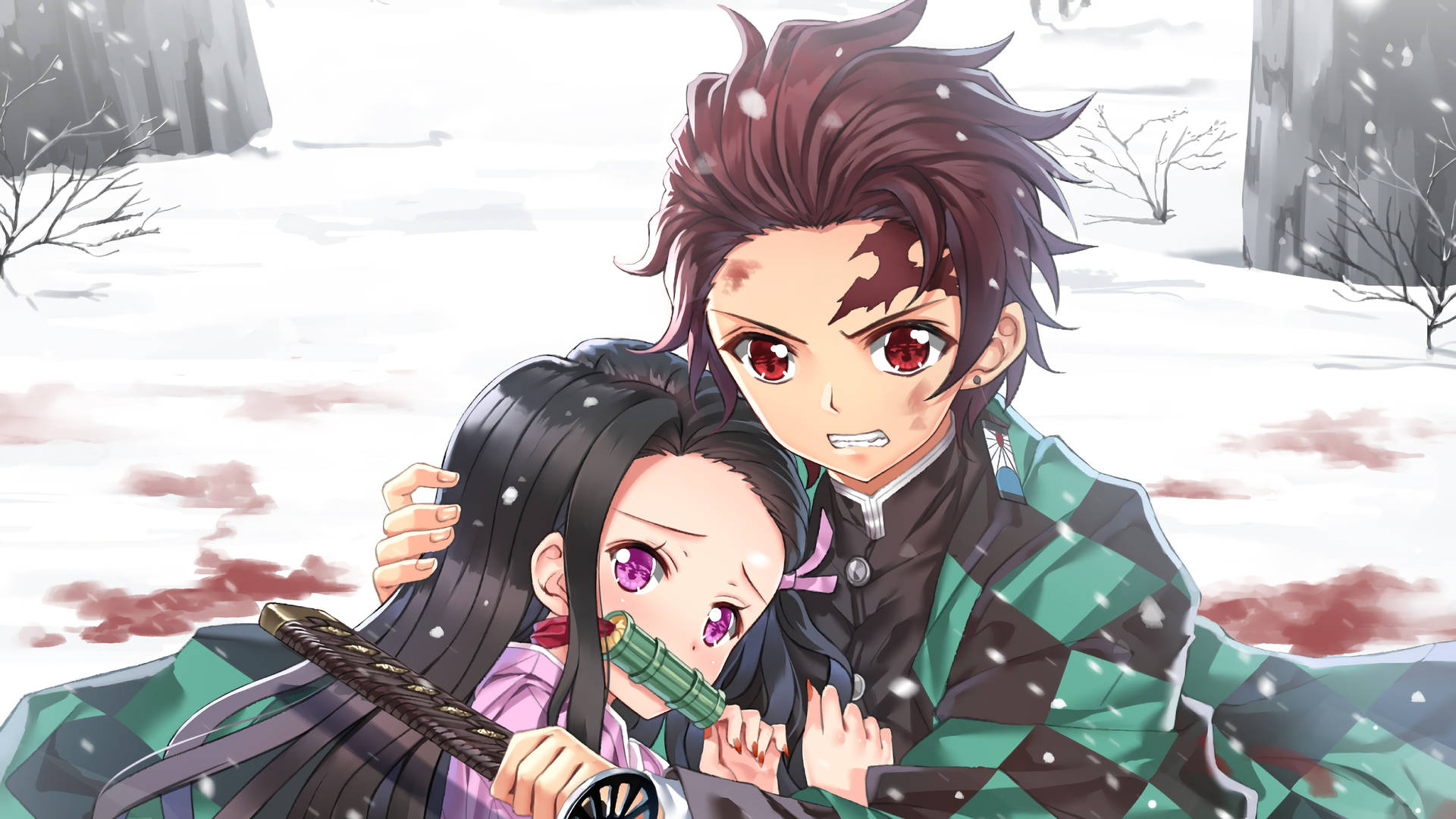 兩個動漫角色在染血的雪地上依偎在一起。 — 禰豆子 GIF 壁紙