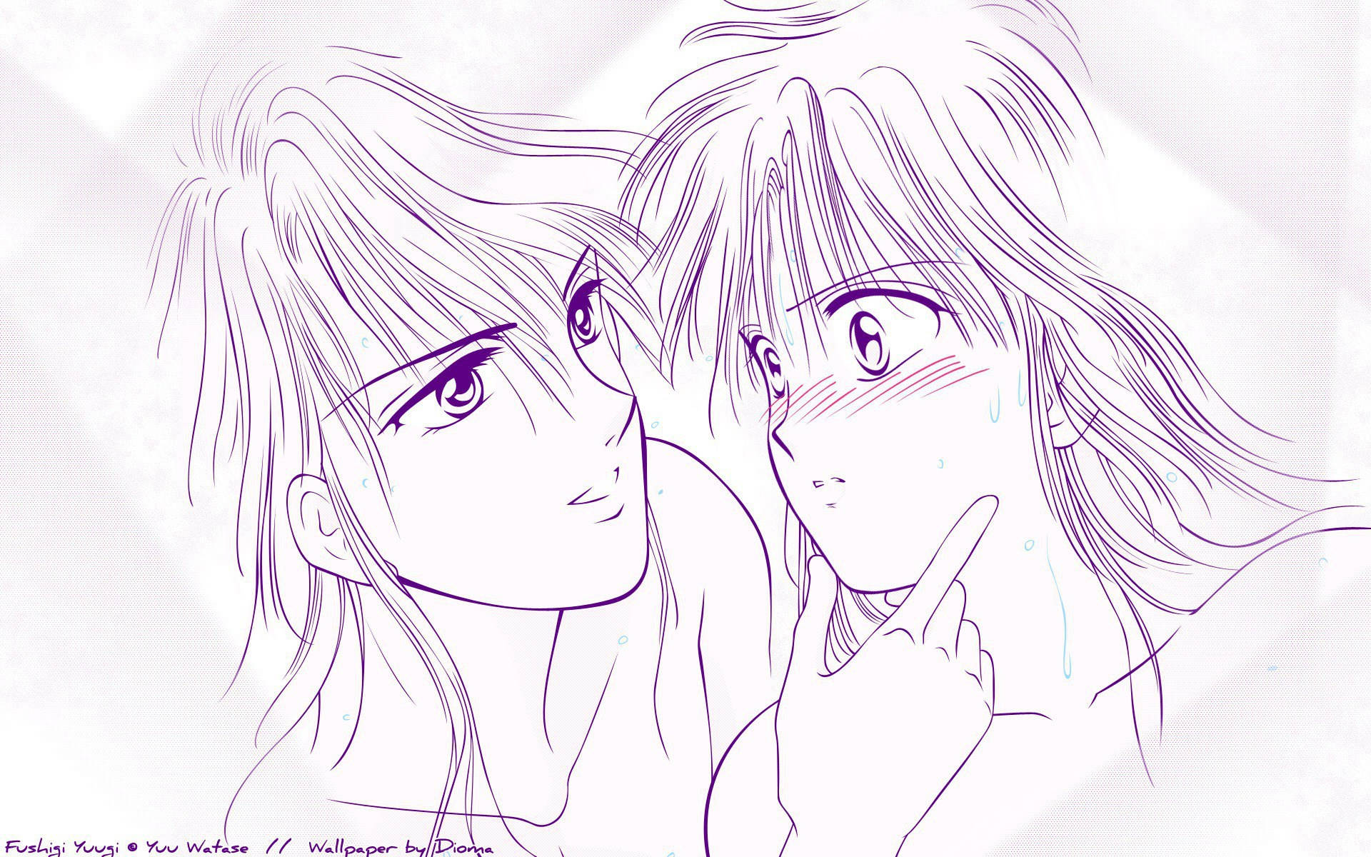 Fushigi Yuugi 桌布 壁紙 — 兩個動漫角色在柔和光線背景下的溫馨時刻，以紫色線條藝術和柔和陰影呈現。