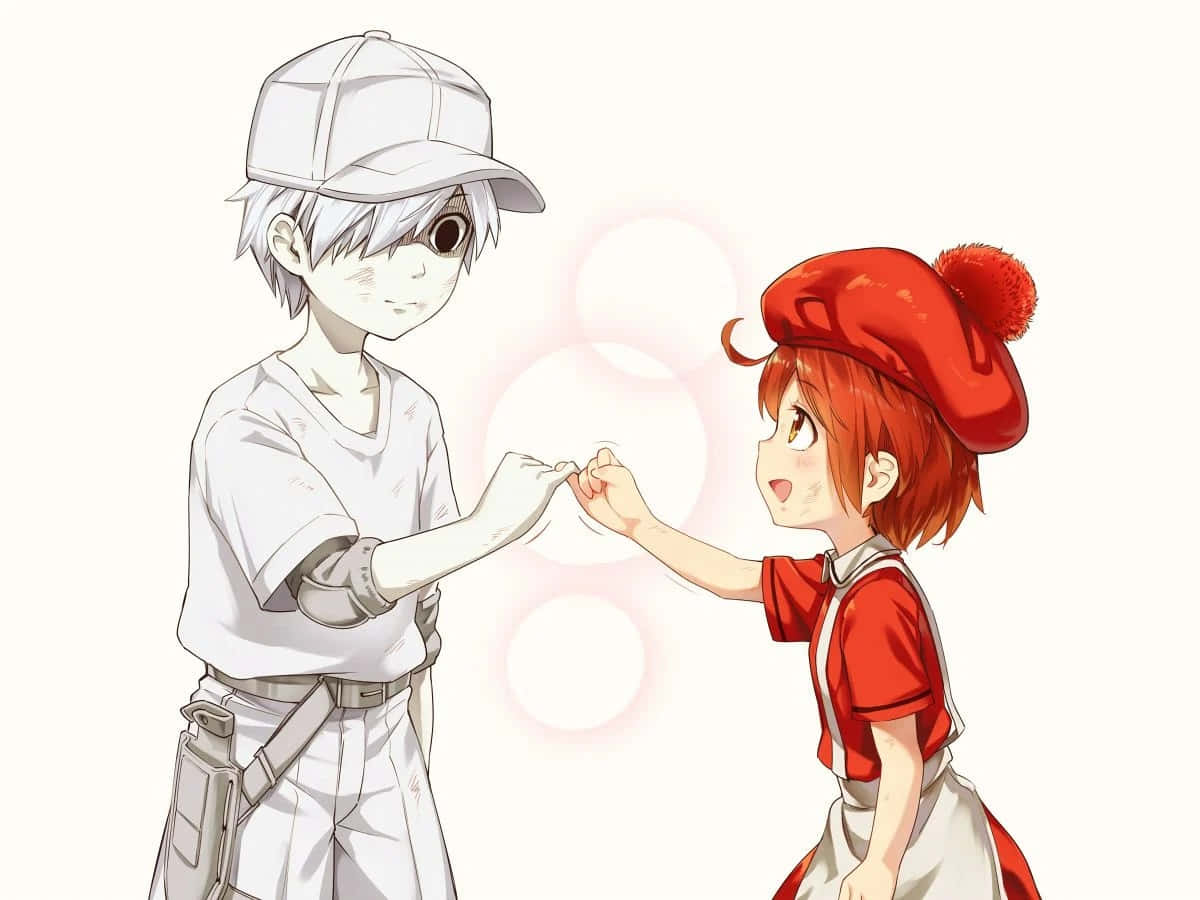 Cells At Work 桌布 壁紙 — 兩個動漫角色在柔和發光的背景前輕輕碰拳。