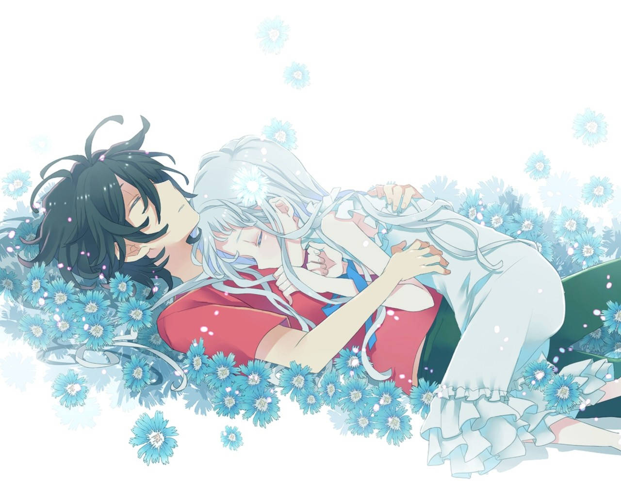 Anohana 桌布 壁紙 — 兩個動漫角色在柔和的白色場景中，在發光的藍色花朵間平靜地休息。