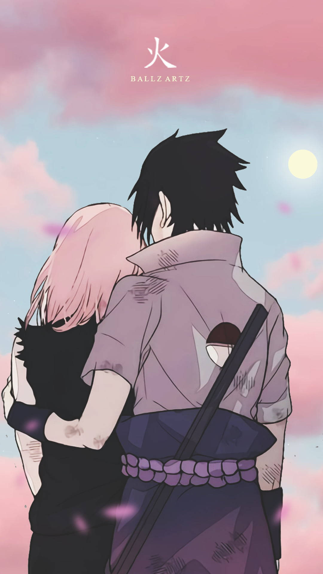 sasuke uchiha 桌布 壁紙 — 兩個動漫角色在柔和的粉紅色和藍色天空及發光的太陽背景下從後面擁抱。