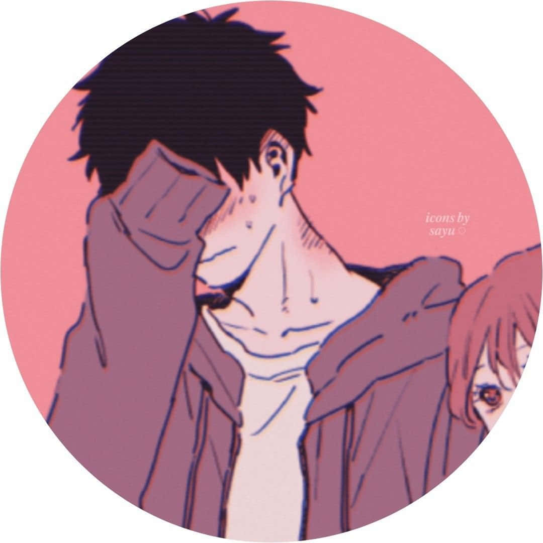 Aesthetic Anime Pfp 桌布 壁紙 — 兩個動漫角色在柔和的粉紅色圓形背景上，以風格化的輪廓溫柔擁抱。