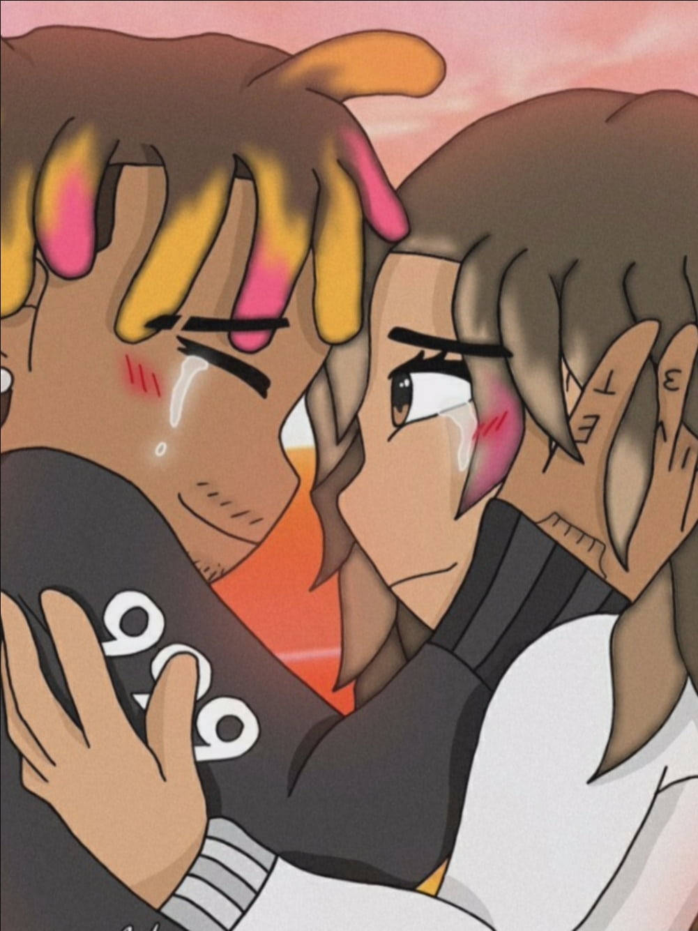 Juice Wrld And Ally 桌布 壁紙 — 兩個動漫角色在柔和的粉紅色日落天空下溫柔擁抱，眼睛充滿表情，臉頰泛紅。