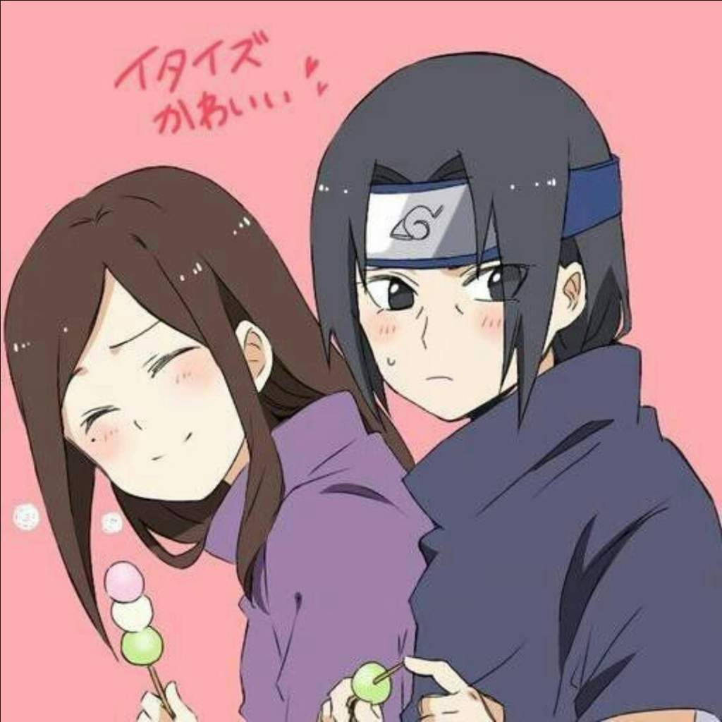 izumi uchiha 桌布 壁紙 — 兩個動漫角色在柔和的粉紅色背景下分享甜蜜的糰子時刻。