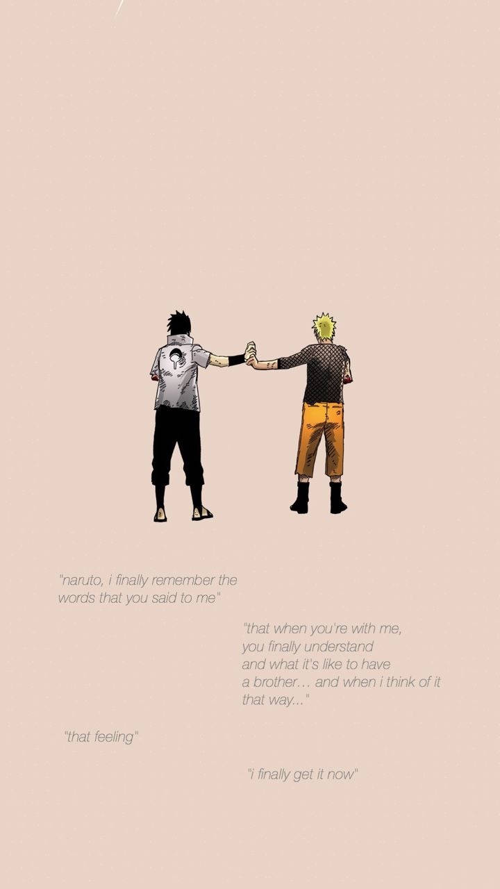 Aesthetic Naruto 桌布 壁紙 — 兩個動漫角色在柔和的粉紅色背景前從背後牽手，帶有情感對話文字。