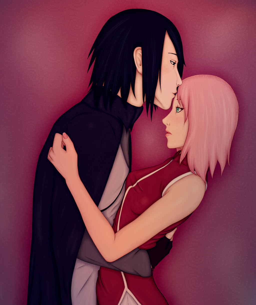 Forehead Kiss 桌布 壁紙 — 兩個動漫角色在柔和的粉紅色背景和溫暖燈光下溫柔擁抱。