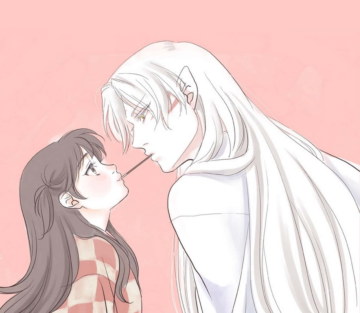 Inuyasha And Rin 桌布 壁紙 — 兩個動漫角色在柔和的粉紅色背景和溫柔燈光下分享親密時刻。