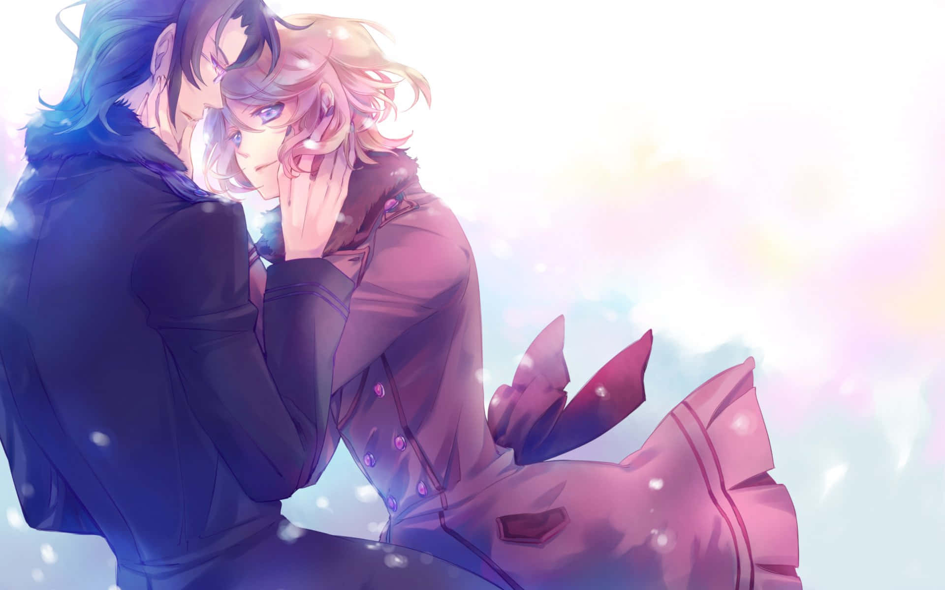 Black Butler 桌布 壁紙 — 兩個動漫角色在柔和粉彩天空下溫柔擁抱，花瓣飄浮。