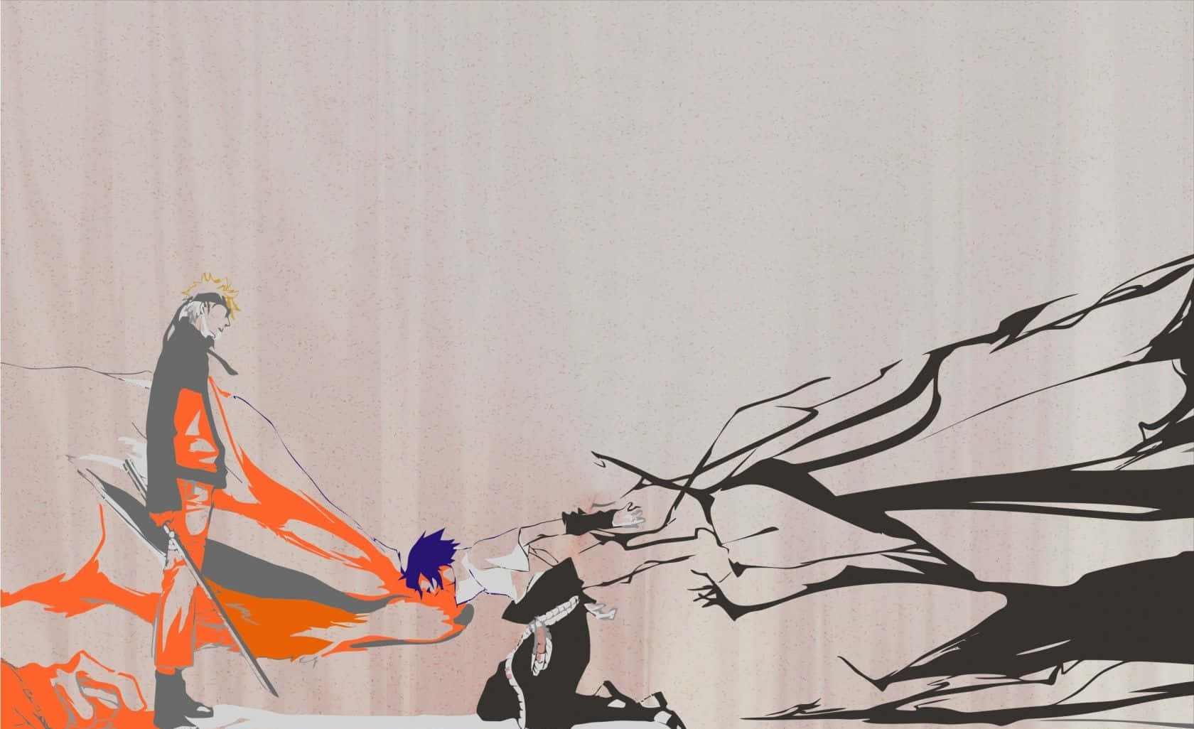Cute Kurama 桌布 壁紙 — 兩個動漫角色在柔和粉紅色背景上，以橙色和黑色能量爆發進行動態碰撞。